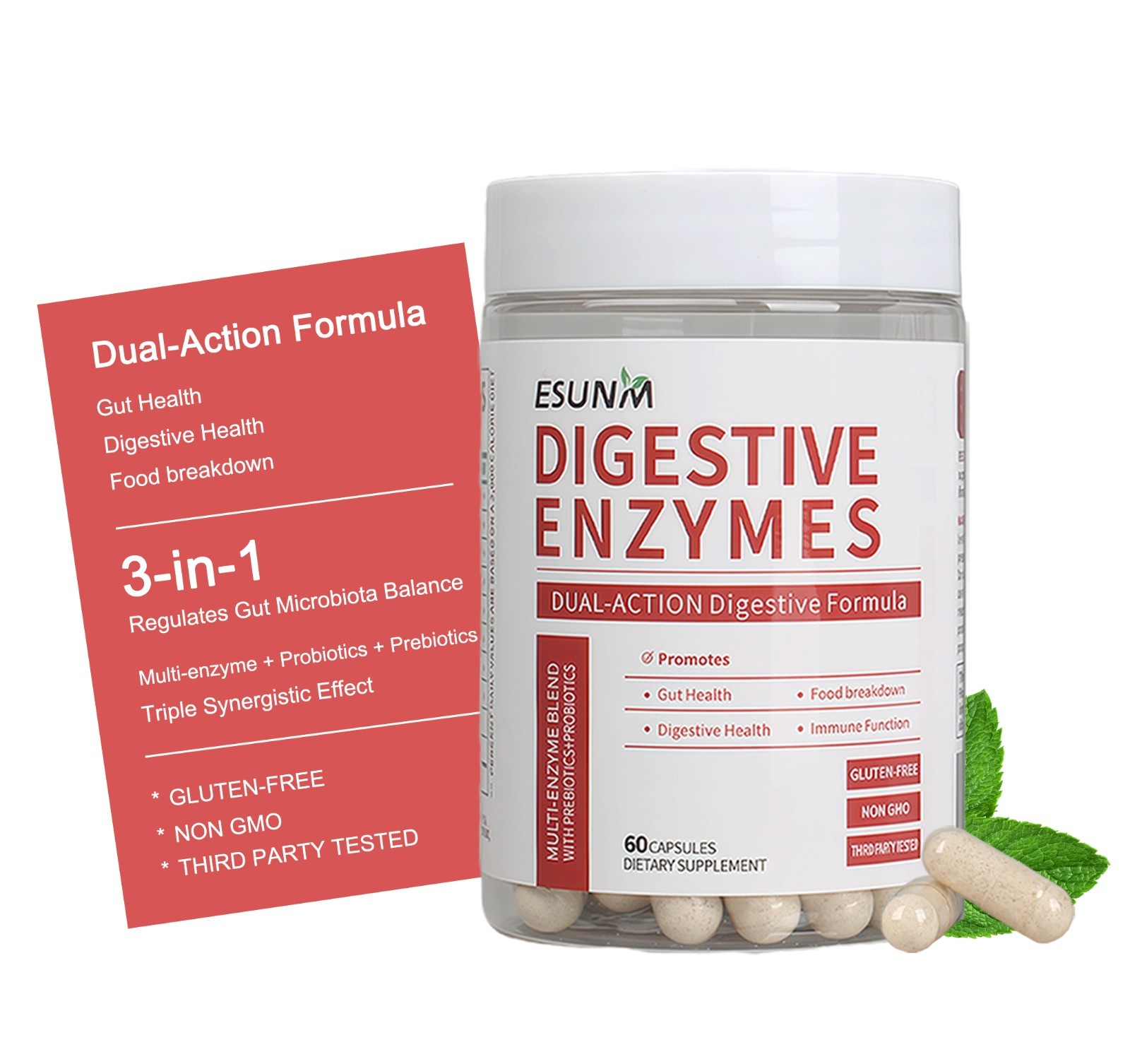 ESUNM Dual-Action Digestive Enzymes,Multi Enzymes Probiotics+Organic Prebiotics