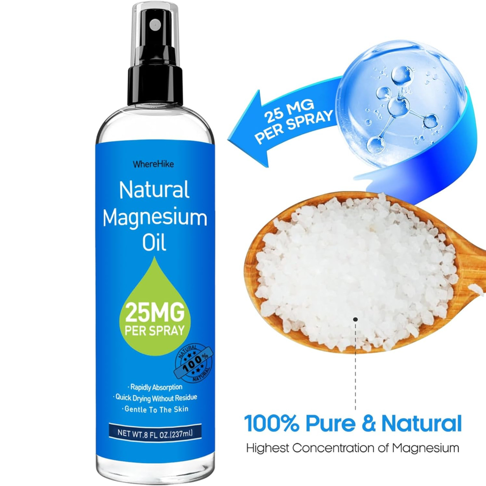 100% Pure Magnesium Oil Spray 8 fl oz – Quick Absorbing Muscle & Joint Relief ..