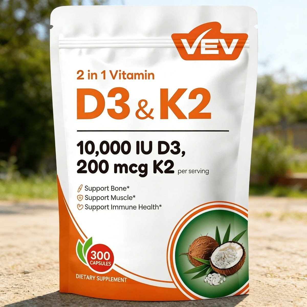 VEV D3 K2 Vitamin Supplement, Natural Virgin Coconut Oil Blend