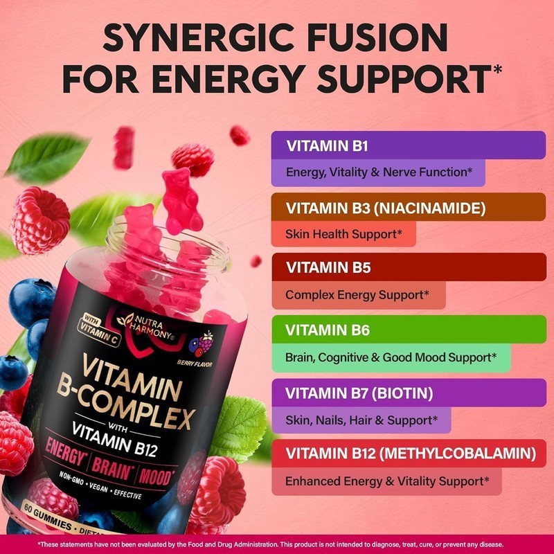 Vitamin B-Complex Gummies W/ Vitamin B12 B1 B2 B3 B5 B6 B7 B9 for Women Men