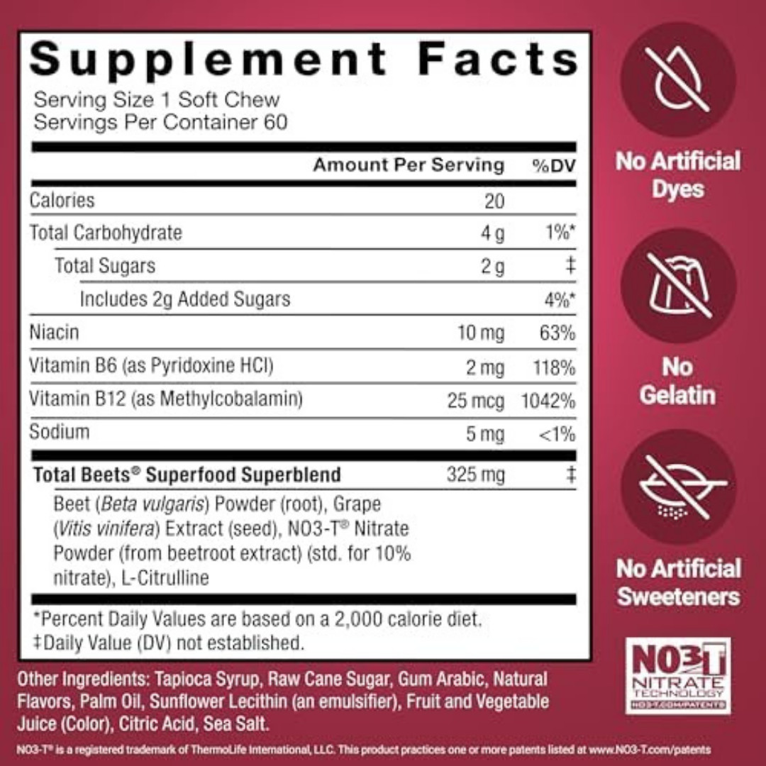 Force Factor Total Beets Concentrated Beet Root Soft Chews Exp 07/2027