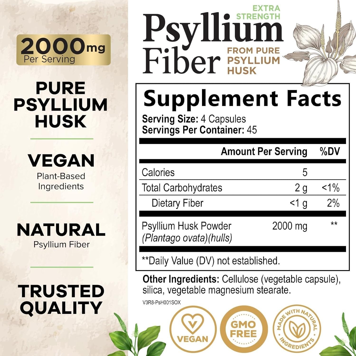 High Absorption Psyllium Husk Fiber Caps 1450 mg, Natural Soluble Fiber Capsules