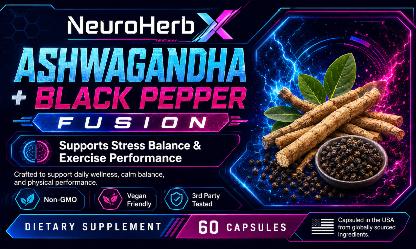 Ashwagandha Black Pepper Fusion 60 Capsules Stress Balance Vegan Non-GMO
