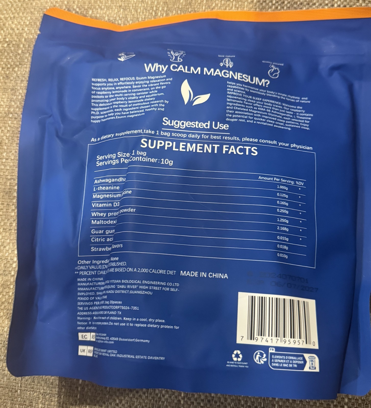 Esunm Calm Magnesium 20 Count Powder Packets Raspberry Lemonade 7/27