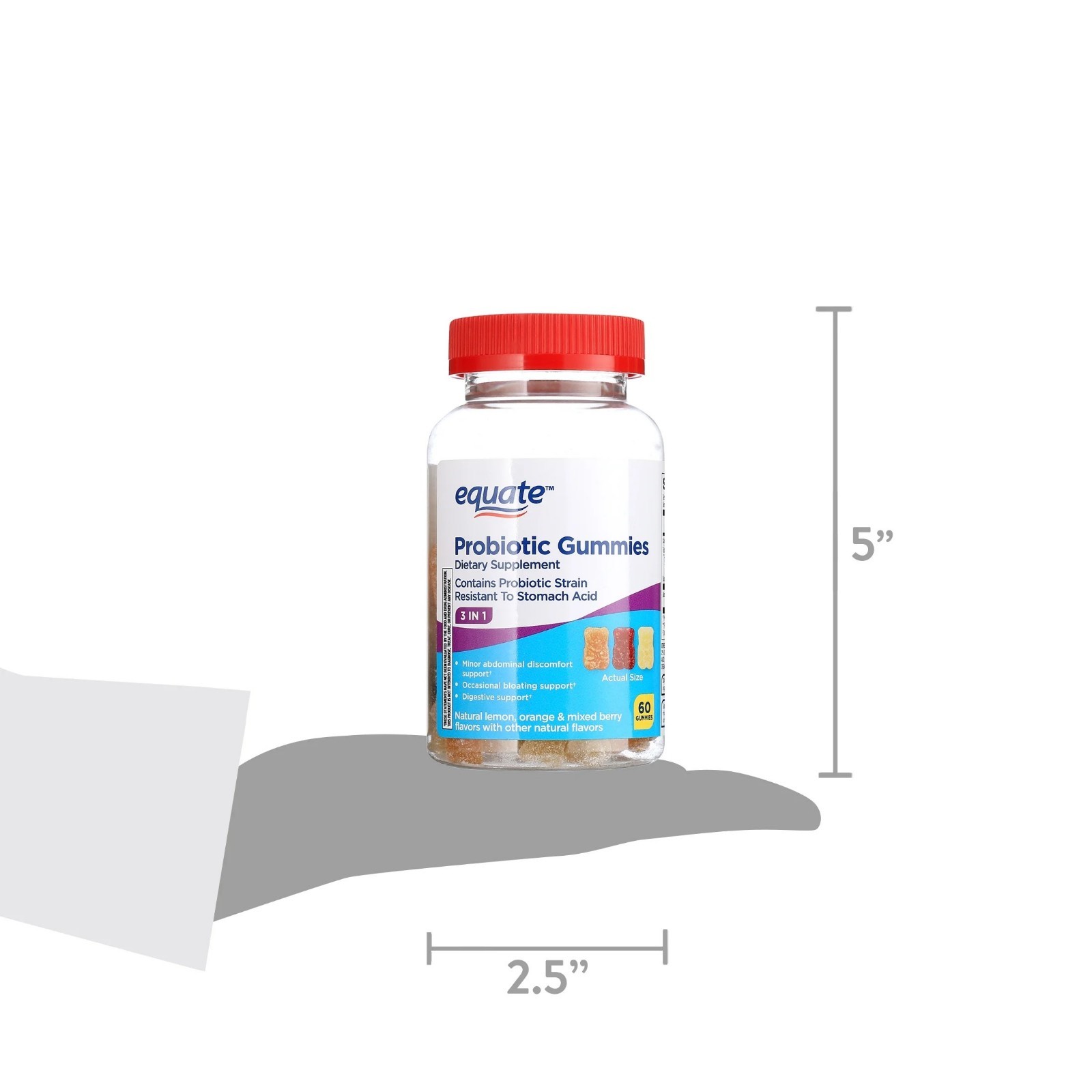 Equate 3-in-1 Daily Probiotic Dietary Supplement Gummies Fruit Flavors, 60 Count