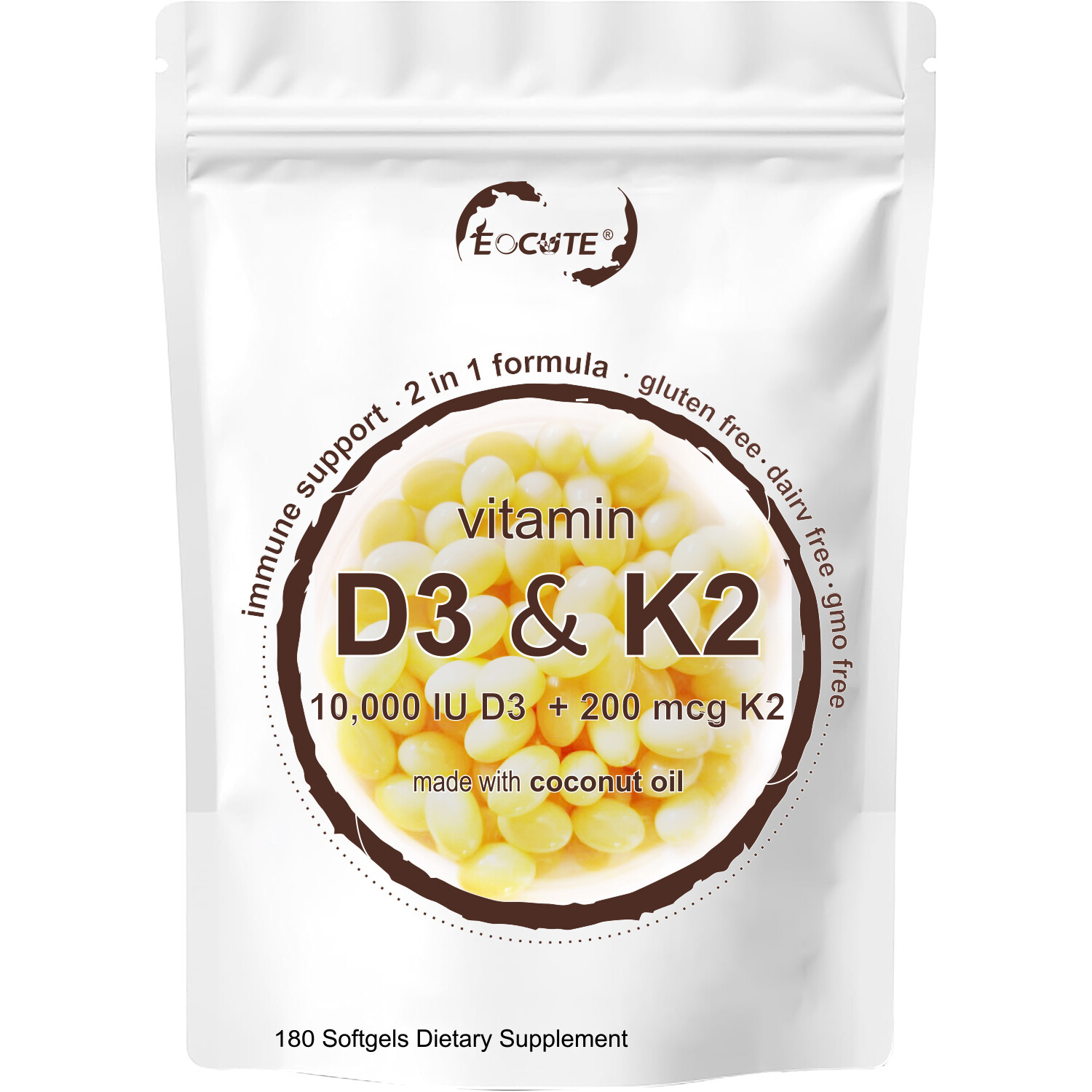 Vitamin D3 10000 iu Plus K2 (MK-7) 200 mcg coconut oil soft 180/300 capsules US