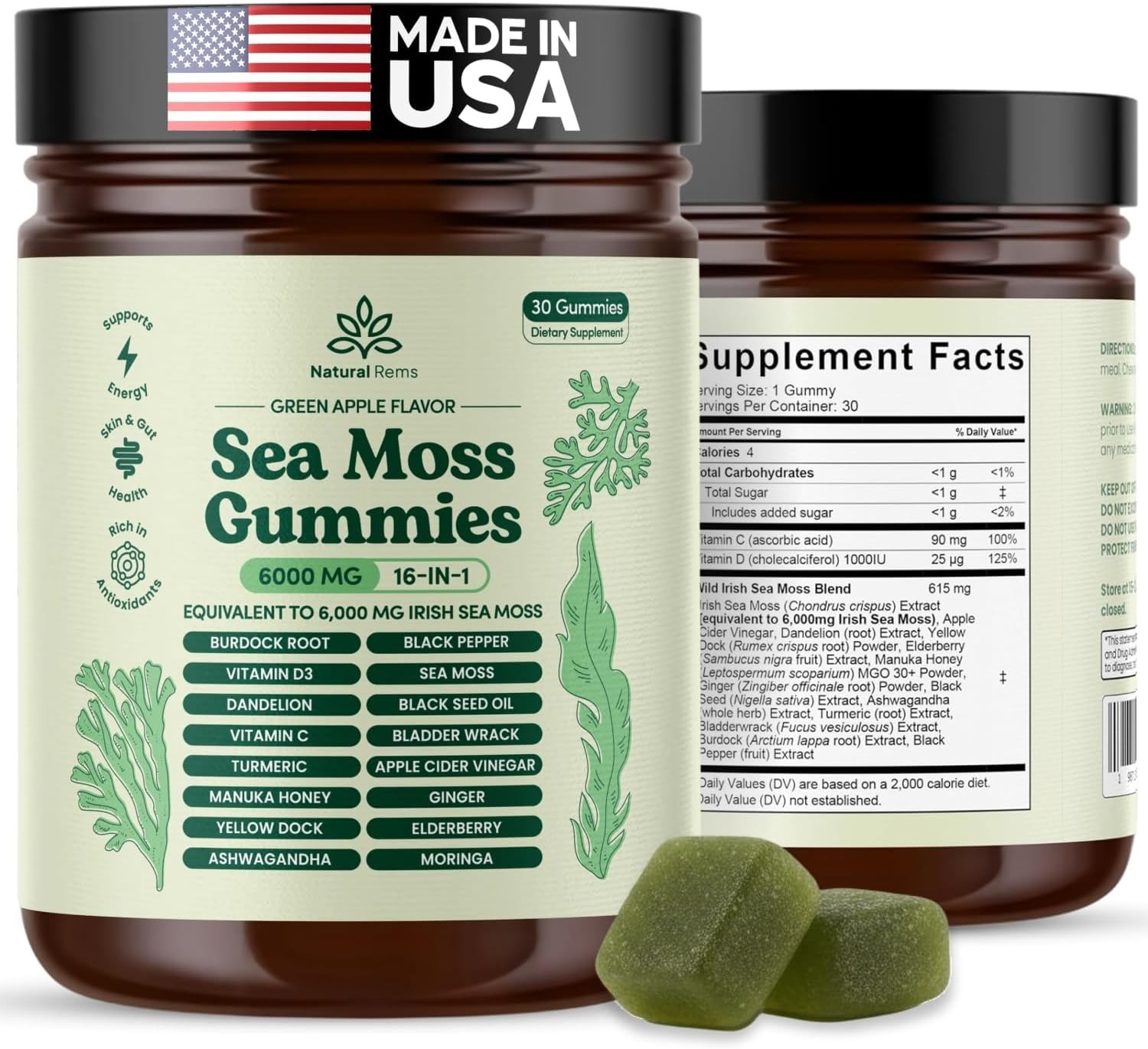 Natural Rems Sea Moss Gummies 16-in-1 w/ Ashwagandha Black Seed Green Apple