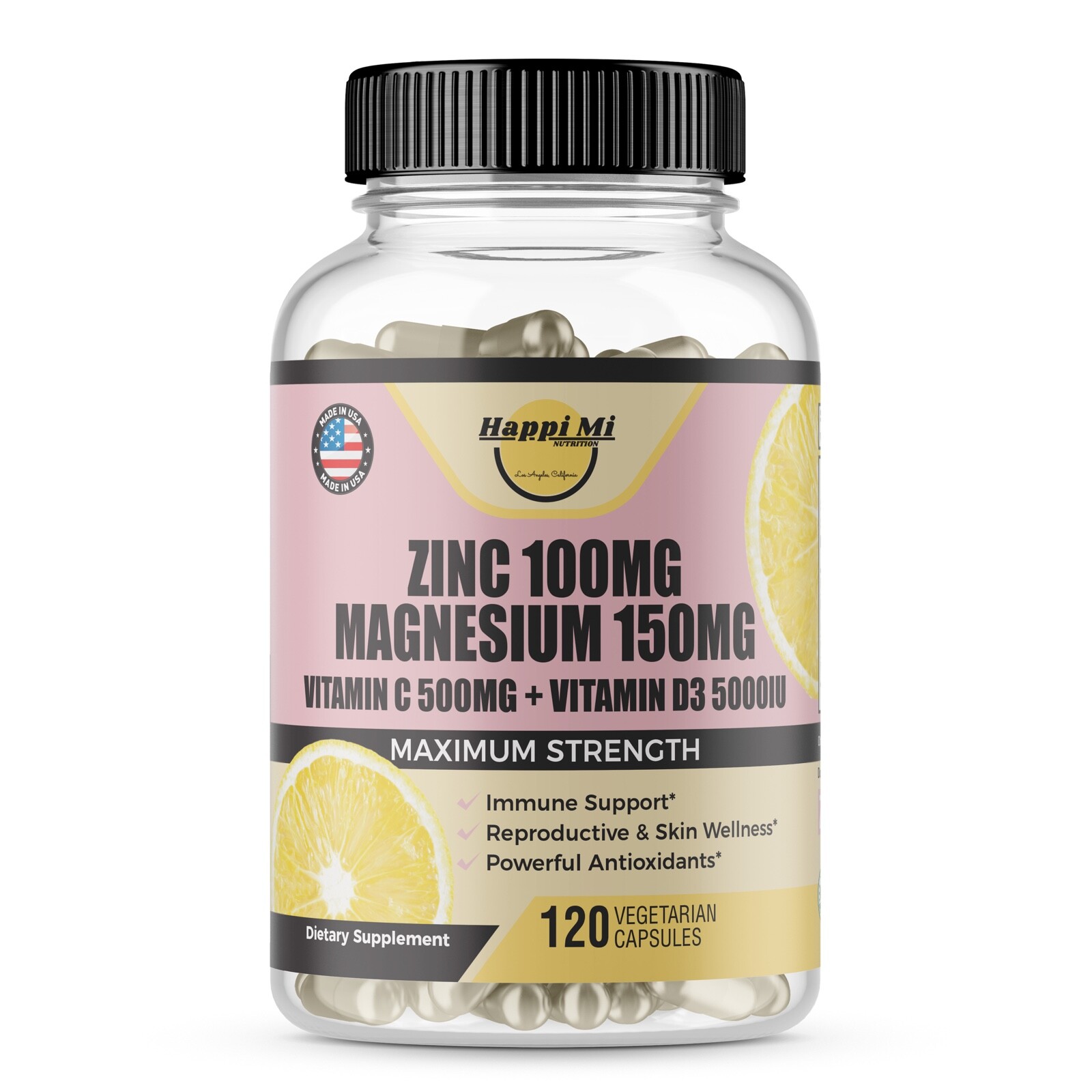 Zinc 100mg, Magnesium Glycinate 150mg, Vitamin D3 5000 IU, Vitamin C 500mg – 120