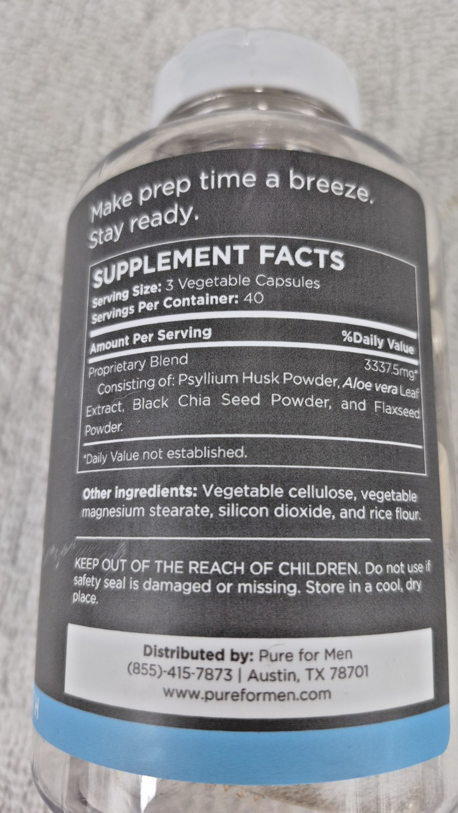 Pure for Men Stay Ready Fiber Supplement 120 Capsules exp 12/2027