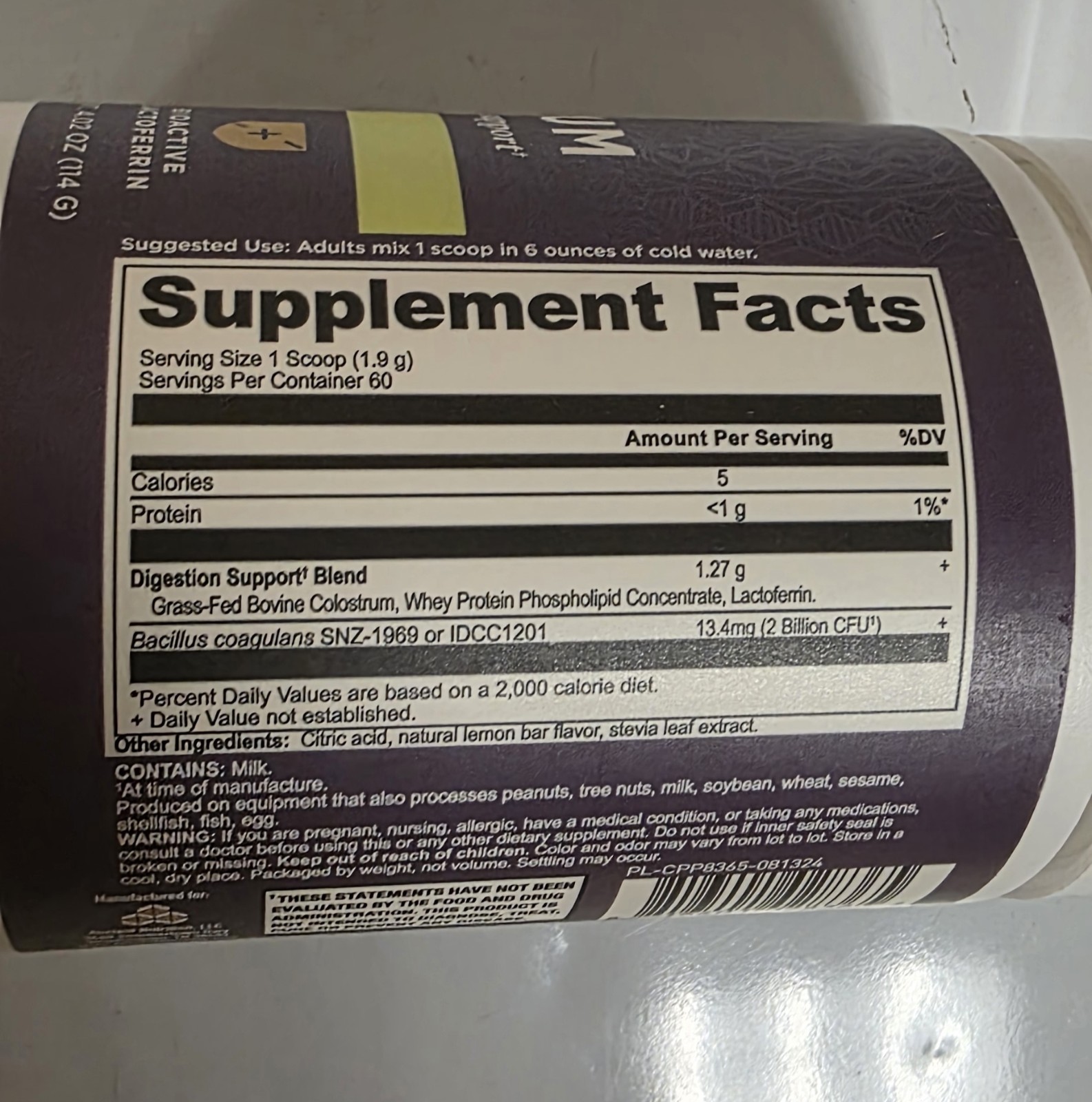 Ancient Nutrition Colostrum Lemon Bar Gut Immune System Support 4 Oz, Exp 12/26