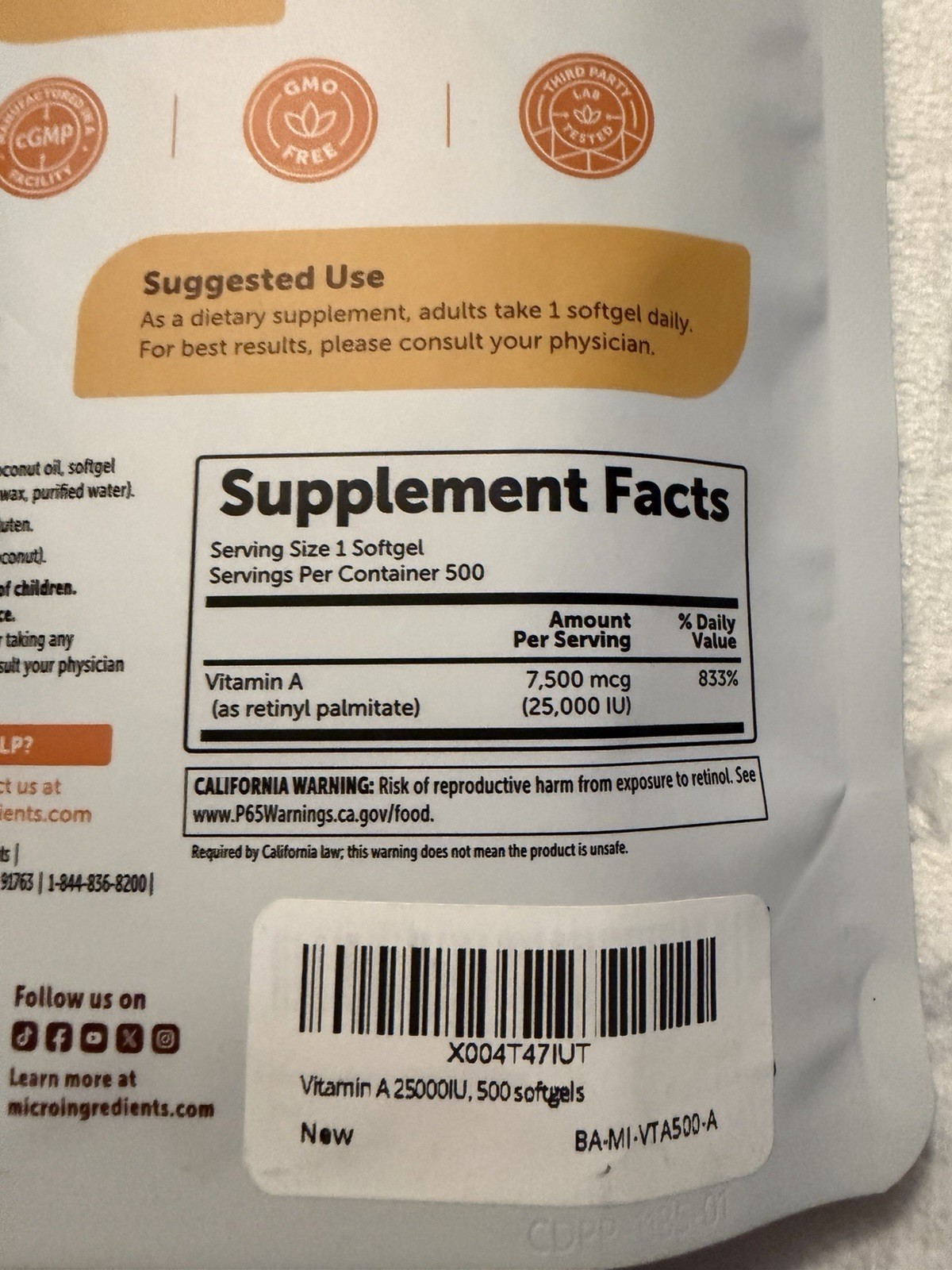 Micro Ingredients Vitamin A 25000 IU 500 Softgels with Coconut Oil Exp 03/2028