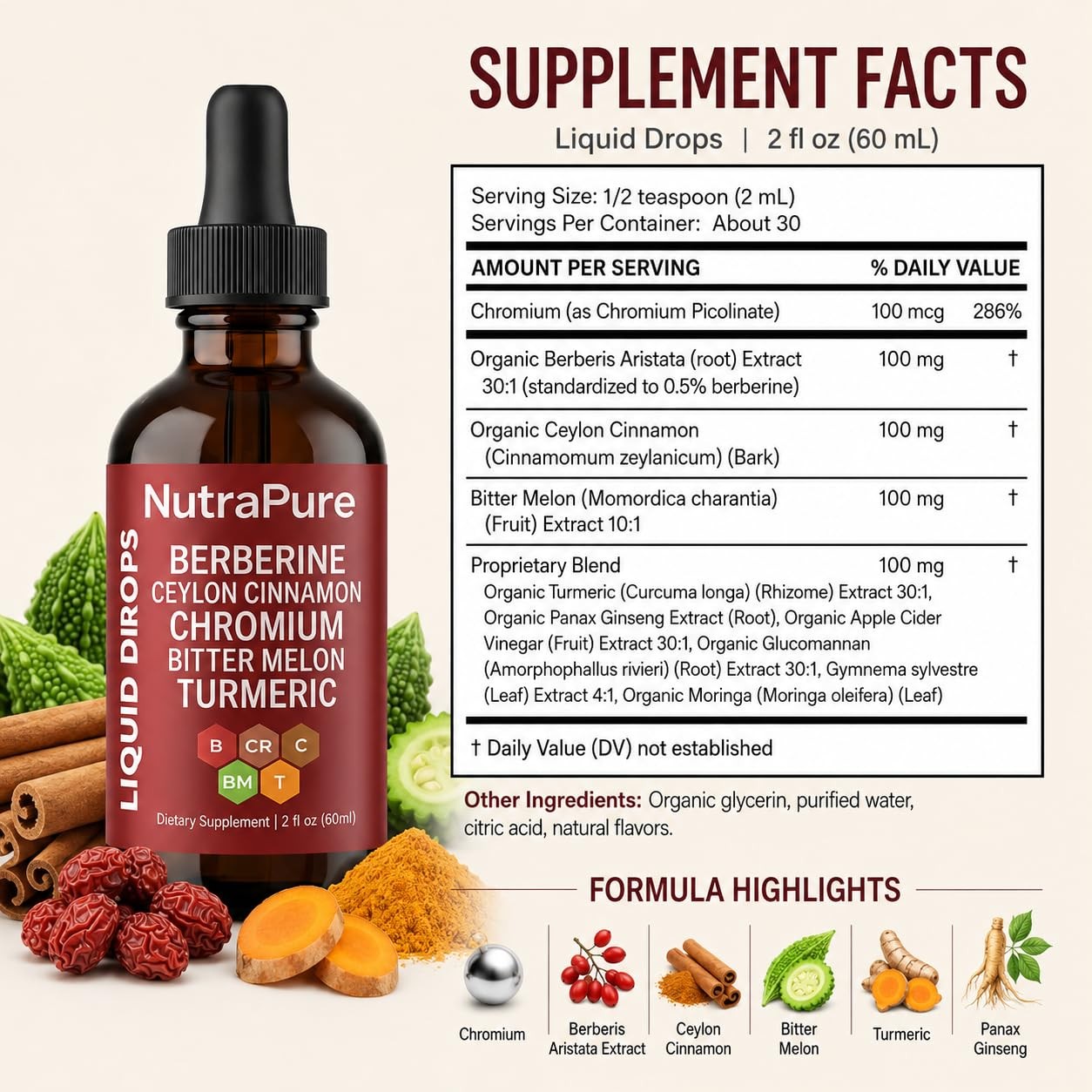 NutraPure Berberine Drops, Pure Berberine Drops with Ceylon Cinnamon, Chromium