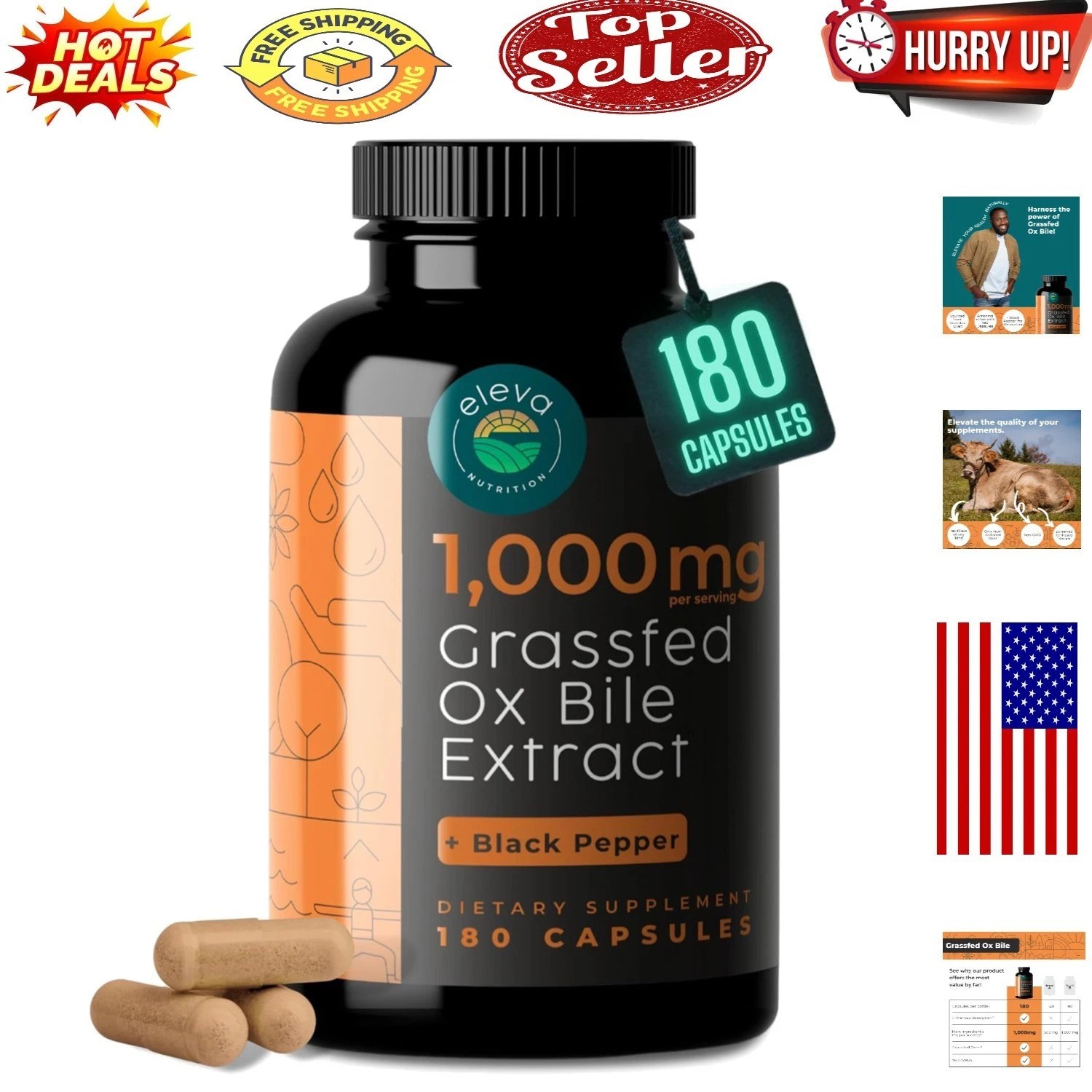 Grass-Fed Ox Bile Extract 1000mg — Digestive Support Capsules with Black Pepp…