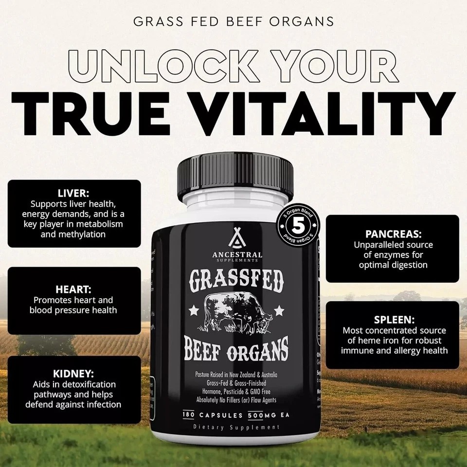Ancestral Supplements Grass Fed Beef Organ Supplement – Non-GMO, 180 Ct 1-5x