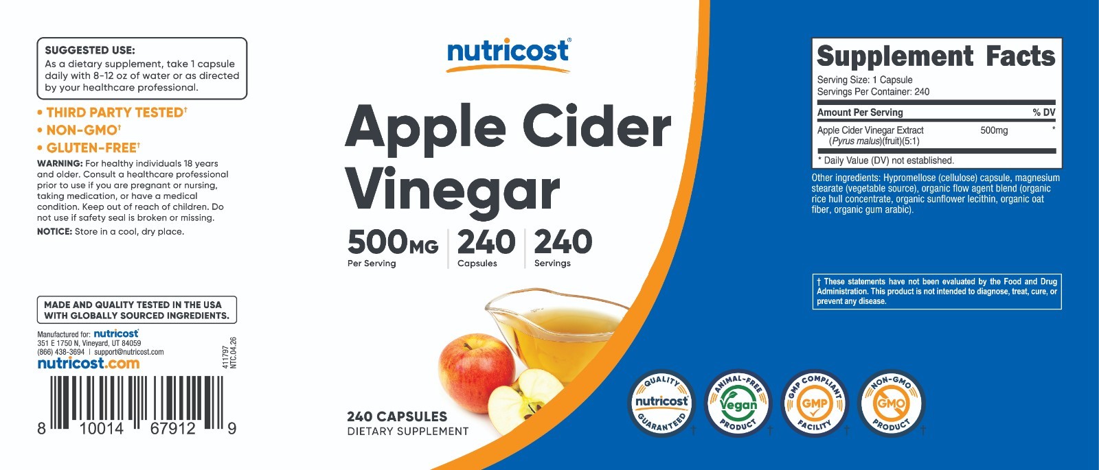 Nutricost Apple Cider Vinegar 500mg, 240 Capsules – Vegetarian and Non-GMO