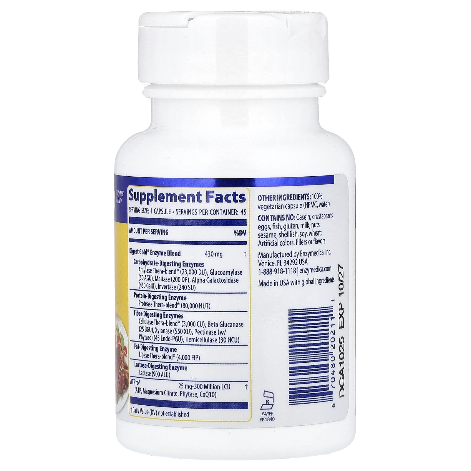 Enzymedica Digest Gold with ATPro 45 Capsules Casein-Free, Dairy-Free, Egg-Free,