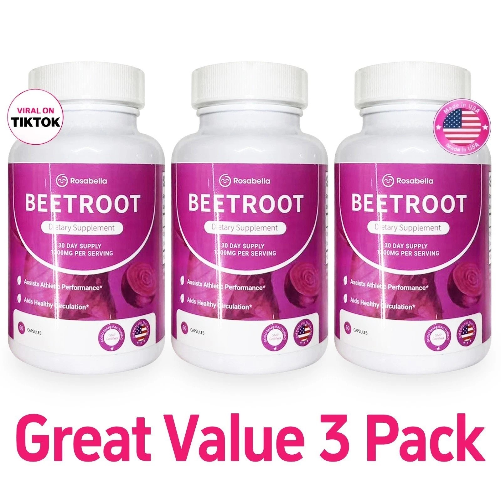3PCS Rosabella Organic Beet Root Capsules – 60 Count, Natural Energy & Blood Pre