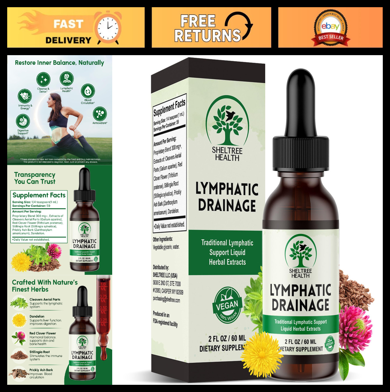 Organic Lymphatic Drainage Drops 2 Fl Oz | Vegan Non-GMO Herbal Supplements