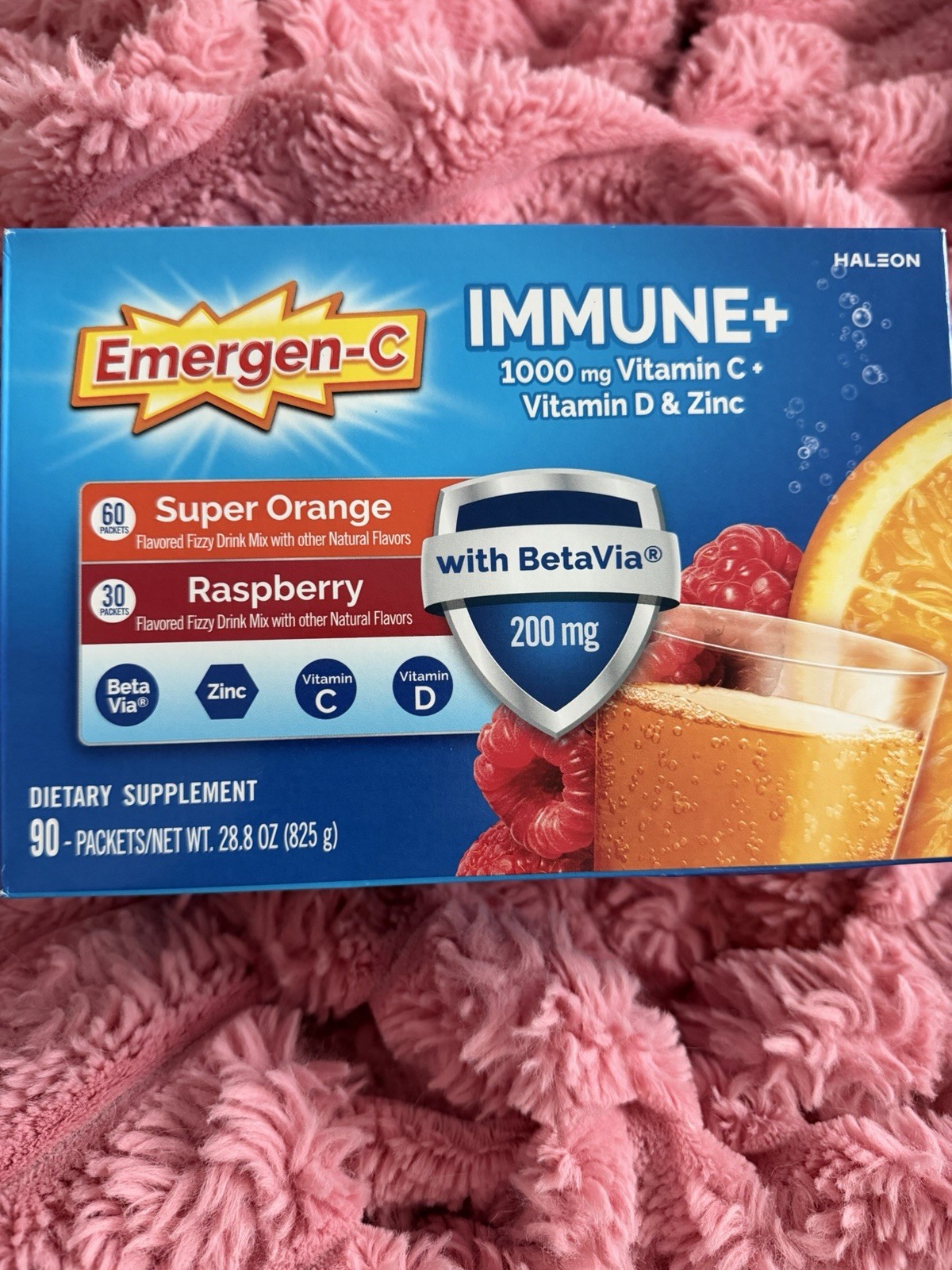 Emergen-C Immune+ Variety Pack 90 Packets Super Orange & Raspberry New Sealed