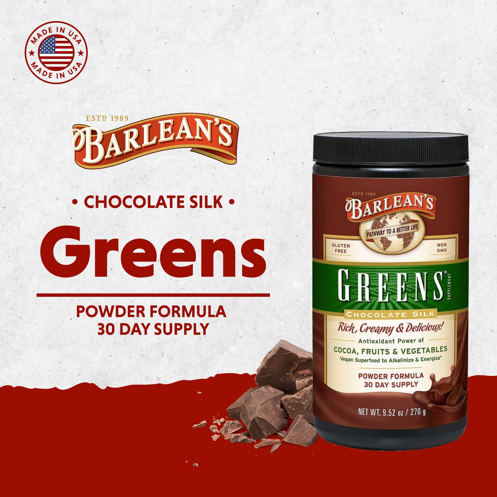Barlean’s Chocolate Greens Powder, Daily Fruit and Vegetable Superfood Supple…