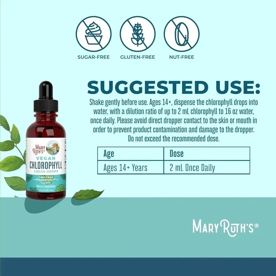 New Mary Ruth’s VEGAN Chlorophyll Liquid Drops Peppermint Flavored 4 Fl Oz 120ml