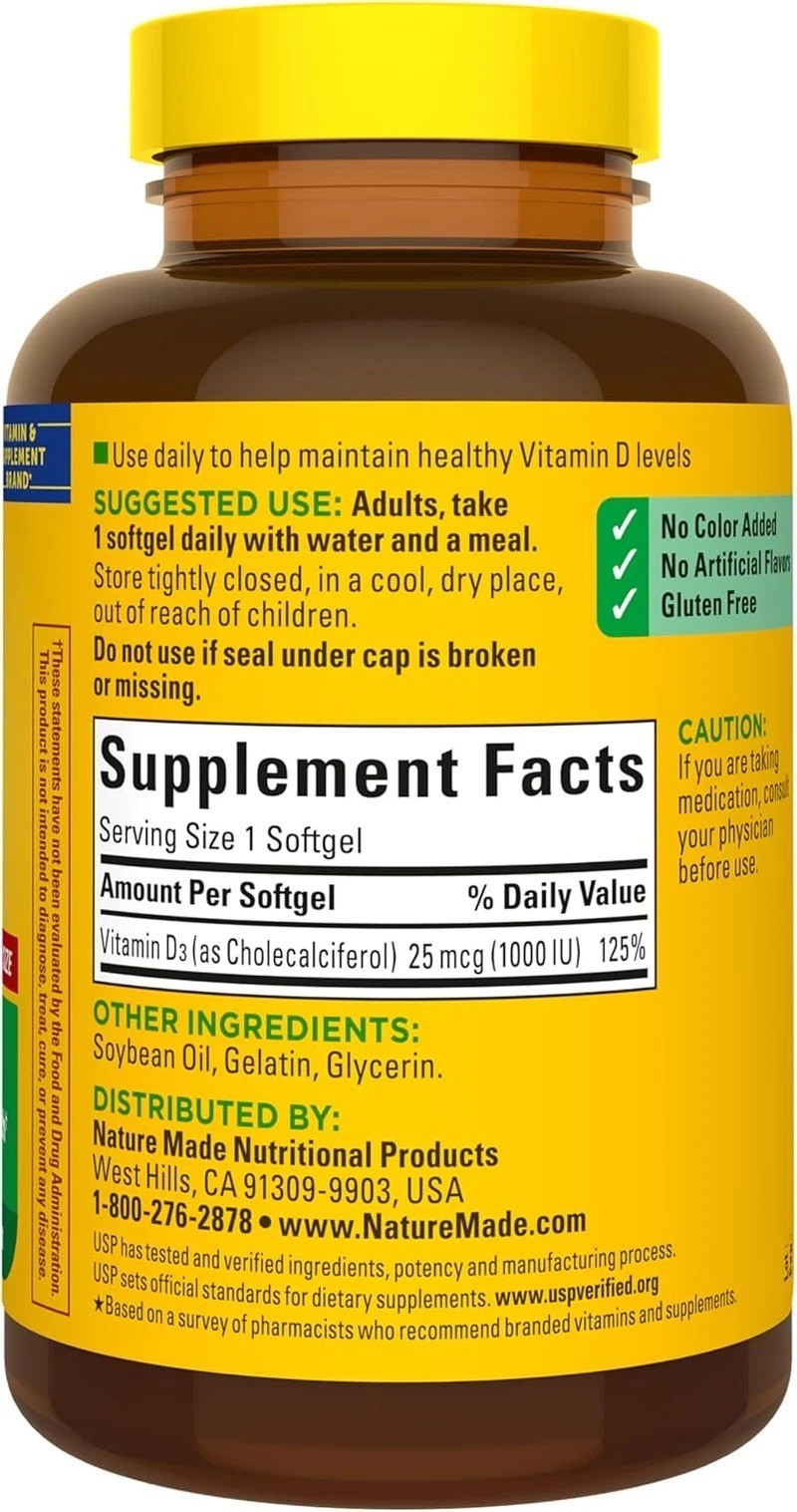 Nature Made Vitamin D3 1000 IU (25 Mcg), Vitamin D Supplement for Bone, Teeth, M