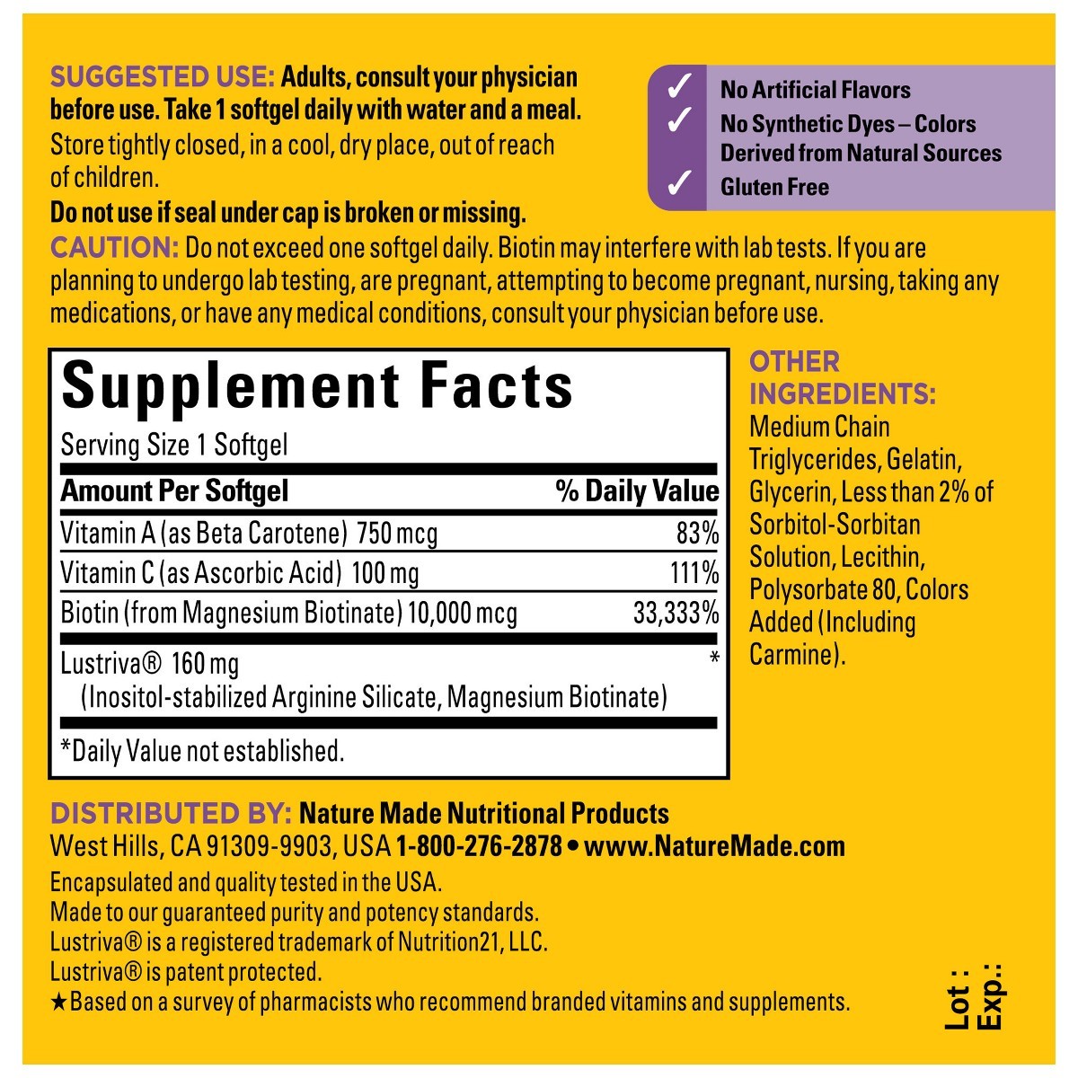 Nature Made Hair Growth Complex with Lustriva Softgels-30ct: Unflavored,10000mcg