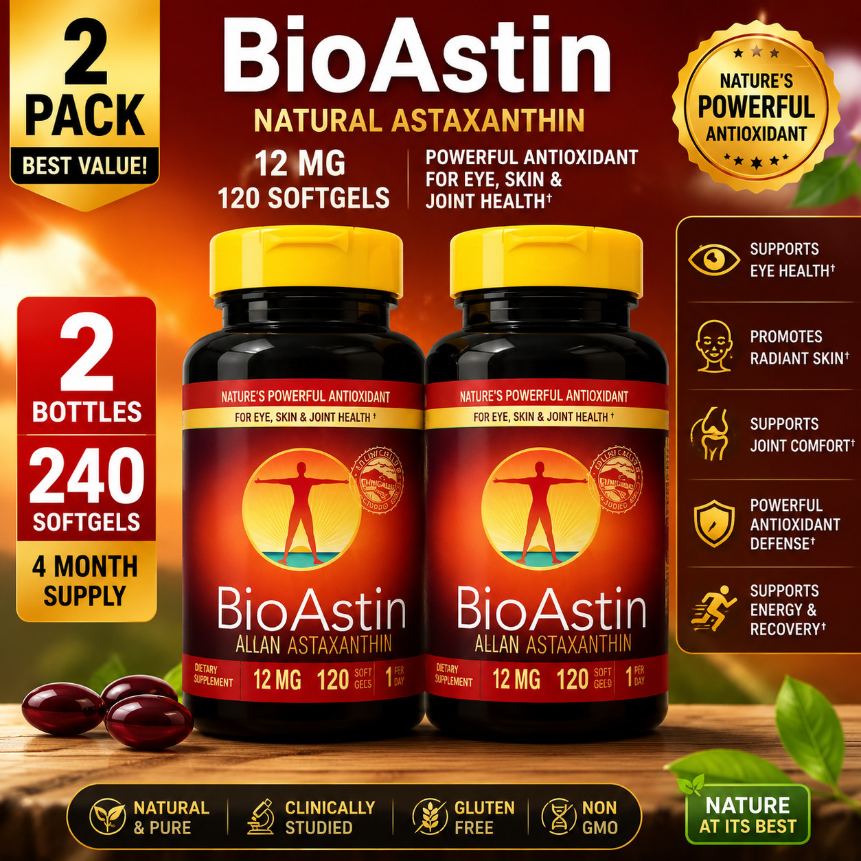 Bioastin Hawaiian Astaxanthin 12mg 120 softgels 2 PACK