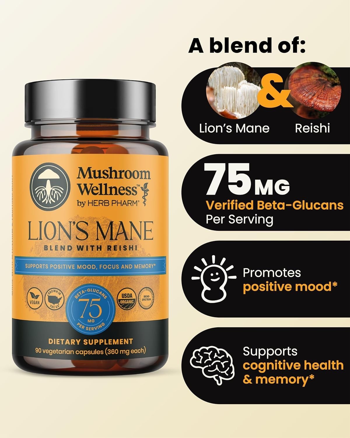Organic Lion’s Mane & Reishi Capsules – 90 Capsules for Mental Clarity