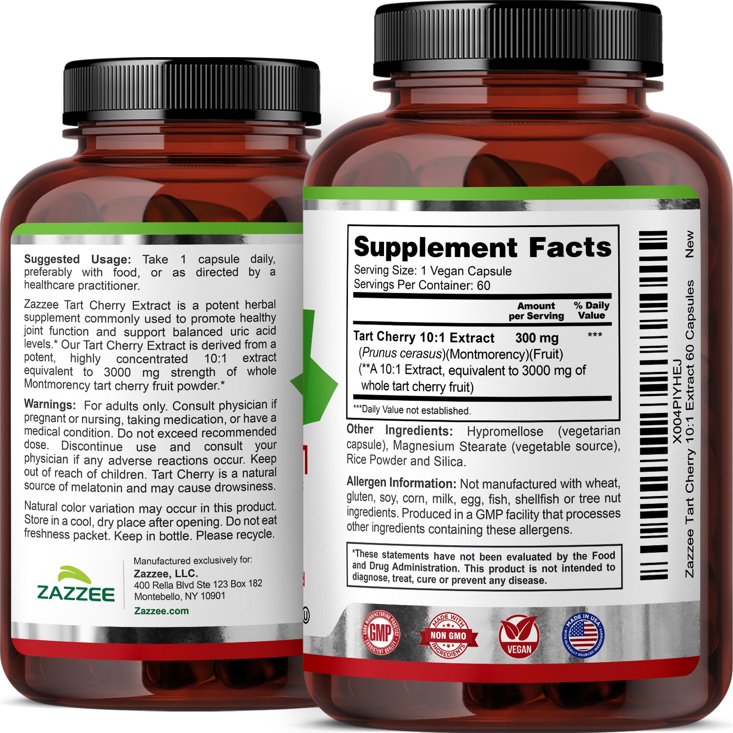 Zazzee Tart Cherry 10:1 Extract, 3000 mg Strength, 60 Vegan Capsules, Kosher