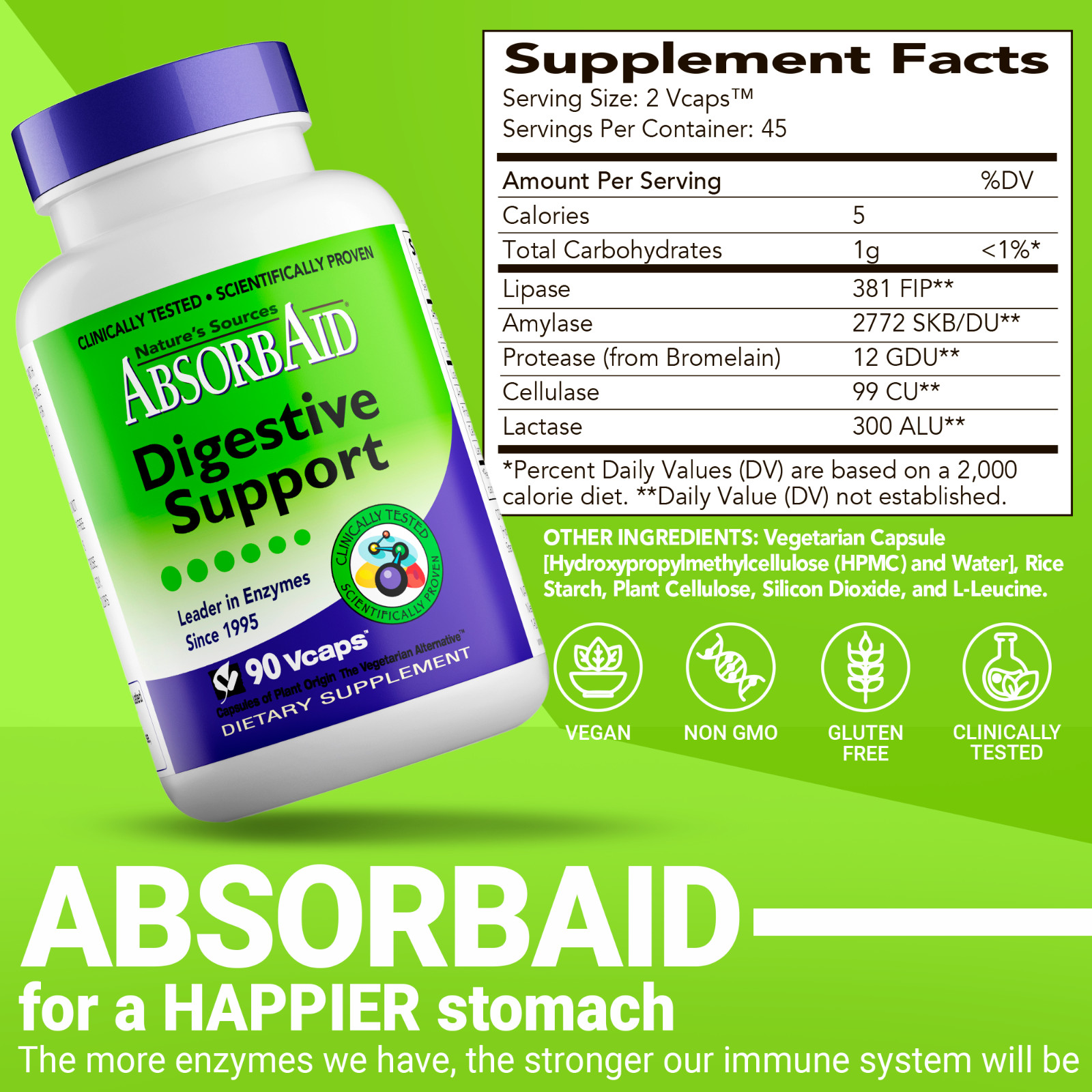 Absorbaid Natural Digestive Enzyme-relief for gas, bloating, acid reflux-90 caps