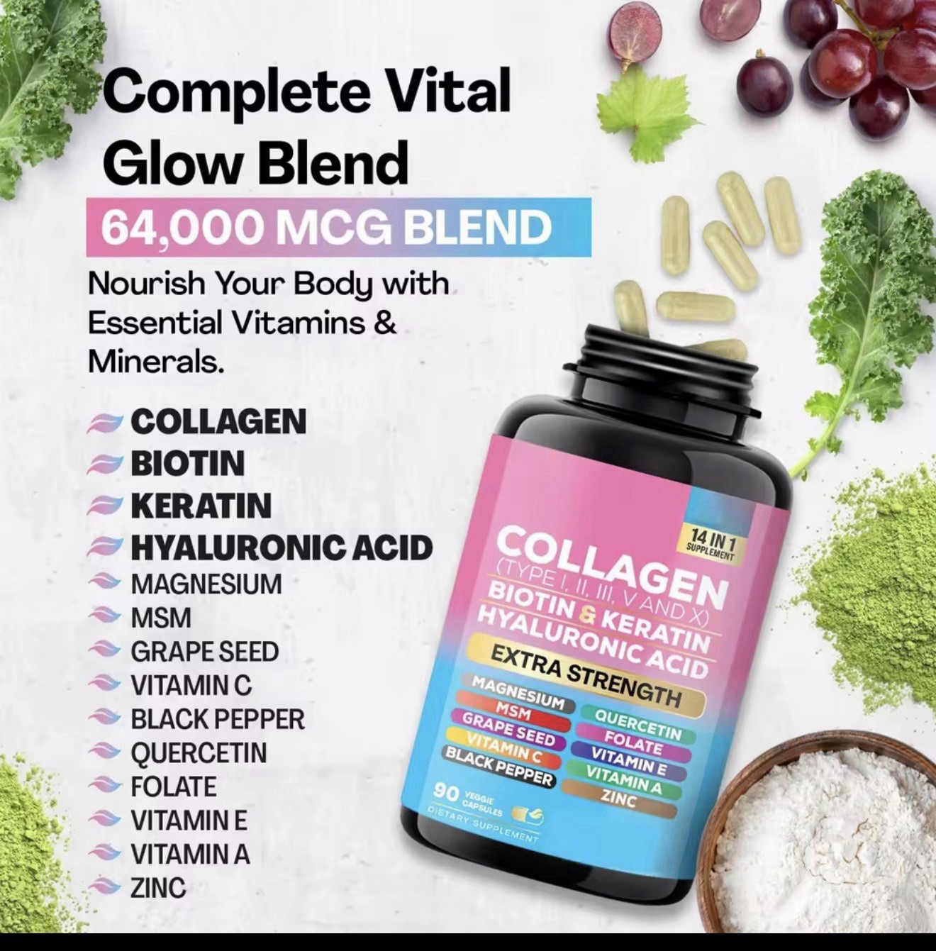 Collagen Peptides Types I, II, III, V & X MCG Biotin Keratin Hyaluronic Folate