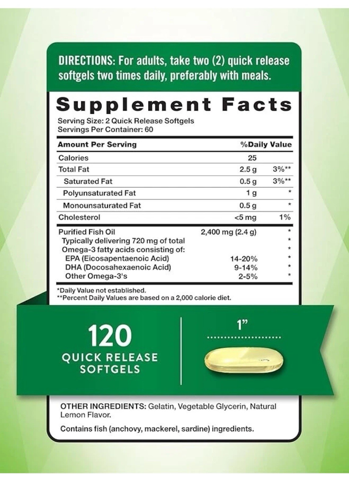 3 Pack Fish Oil 2400mg Omega 3 360 Softgel (3×120) Natural LEMON Flavor Purified
