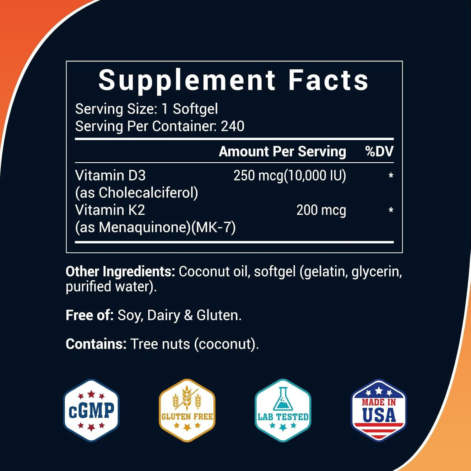 Vitamin D3 K2 10000 iu with Coconut Oil, VIT d3 and k2 Supplements, 120 Gel Caps