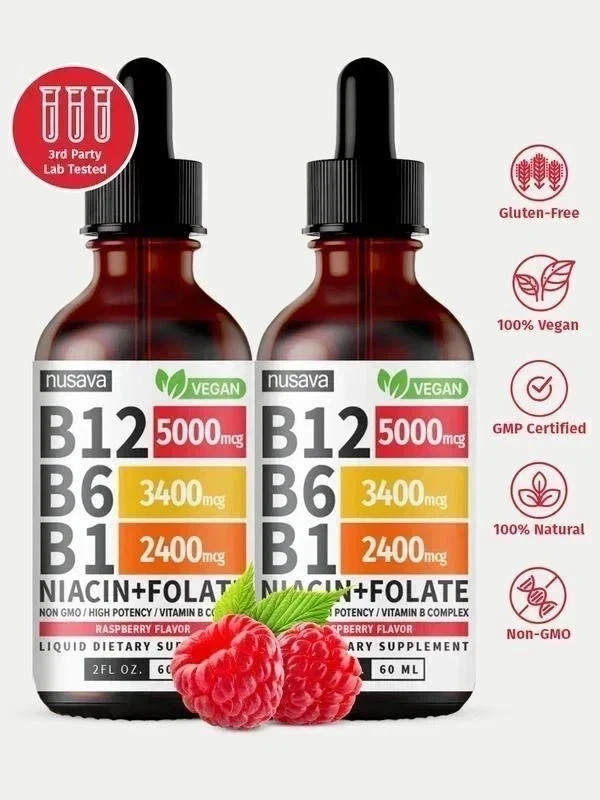 (2-PACK) Vitamin B12 Liquid Supplement Drops with B6, B1, Niacin & Folate