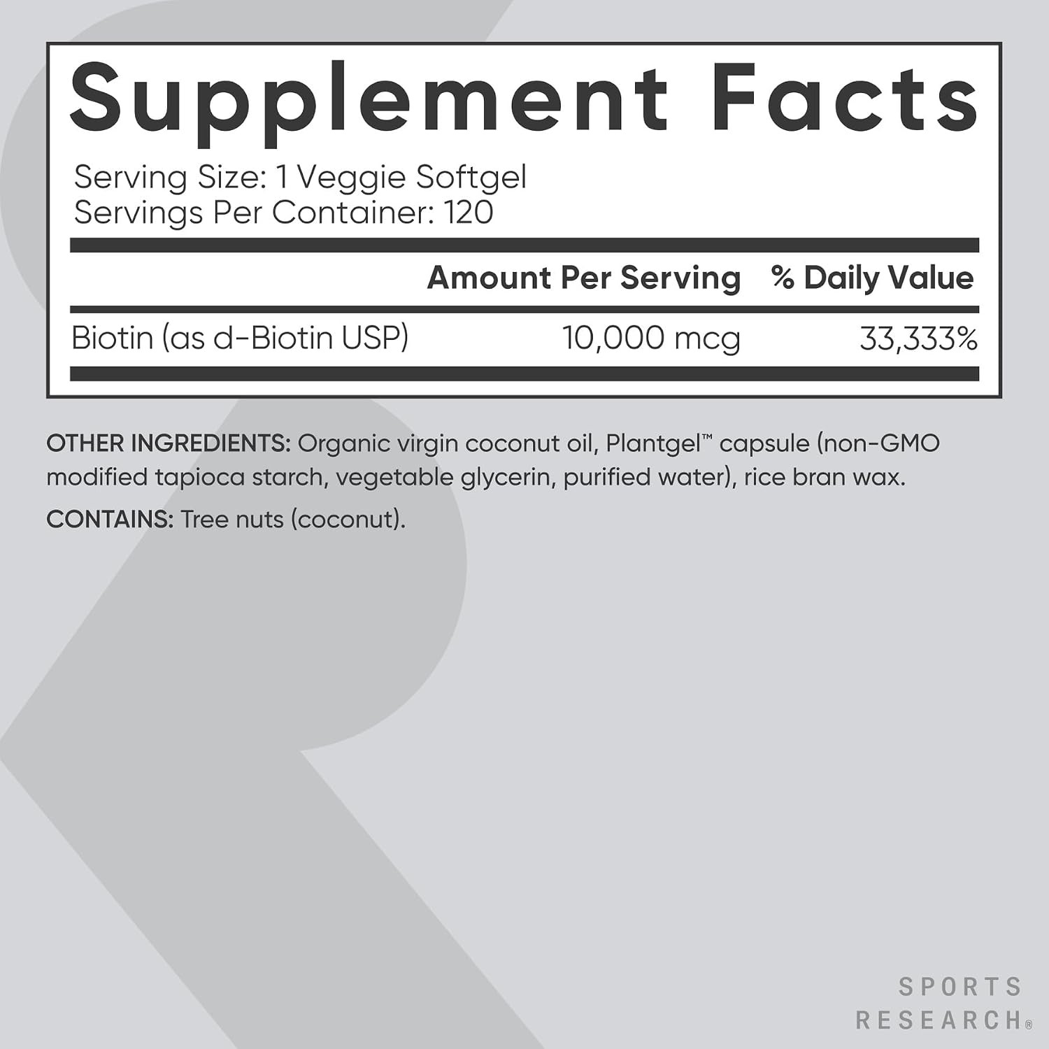 Sports Research Biotin 10000mcg Coconut Oil Hair Skin 120 Softgels