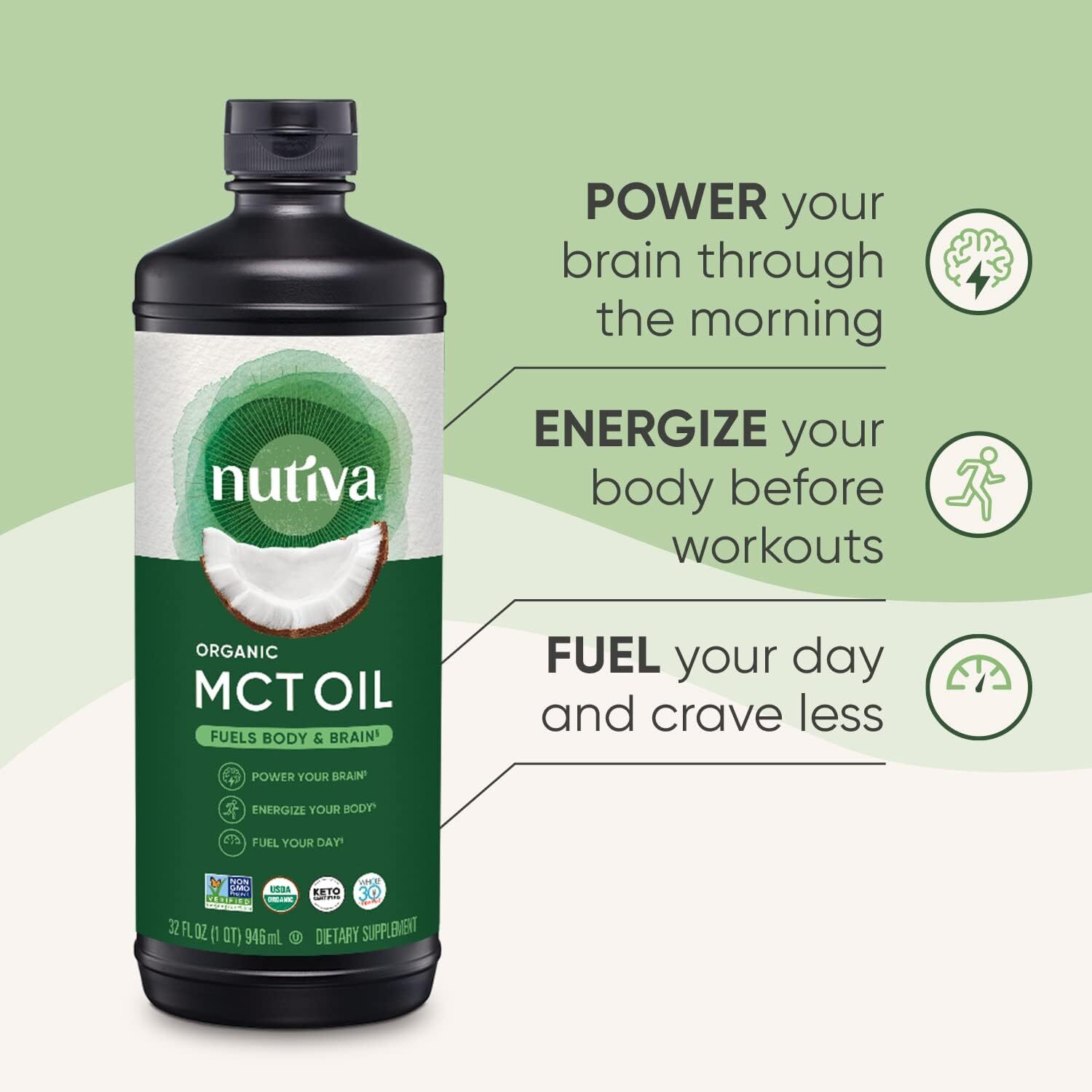 Nutiva Organic MCT Oil Unflavored 32 Oz USDA Organic Non-GMO Neutral Flavor USA