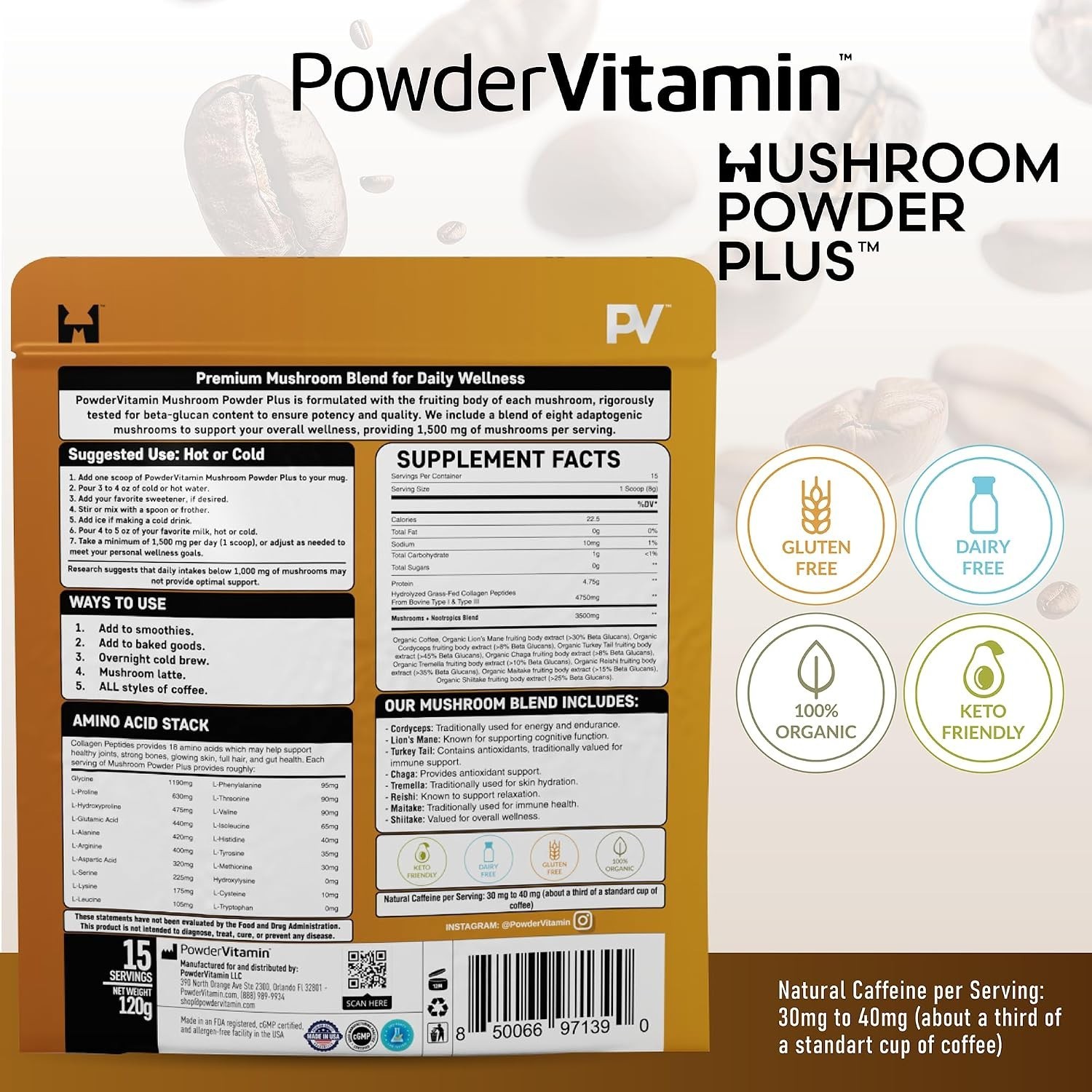 PowderVitamin Organic Mushroom Coffee Certified Mold & Mycotoxin-Free GrassFed