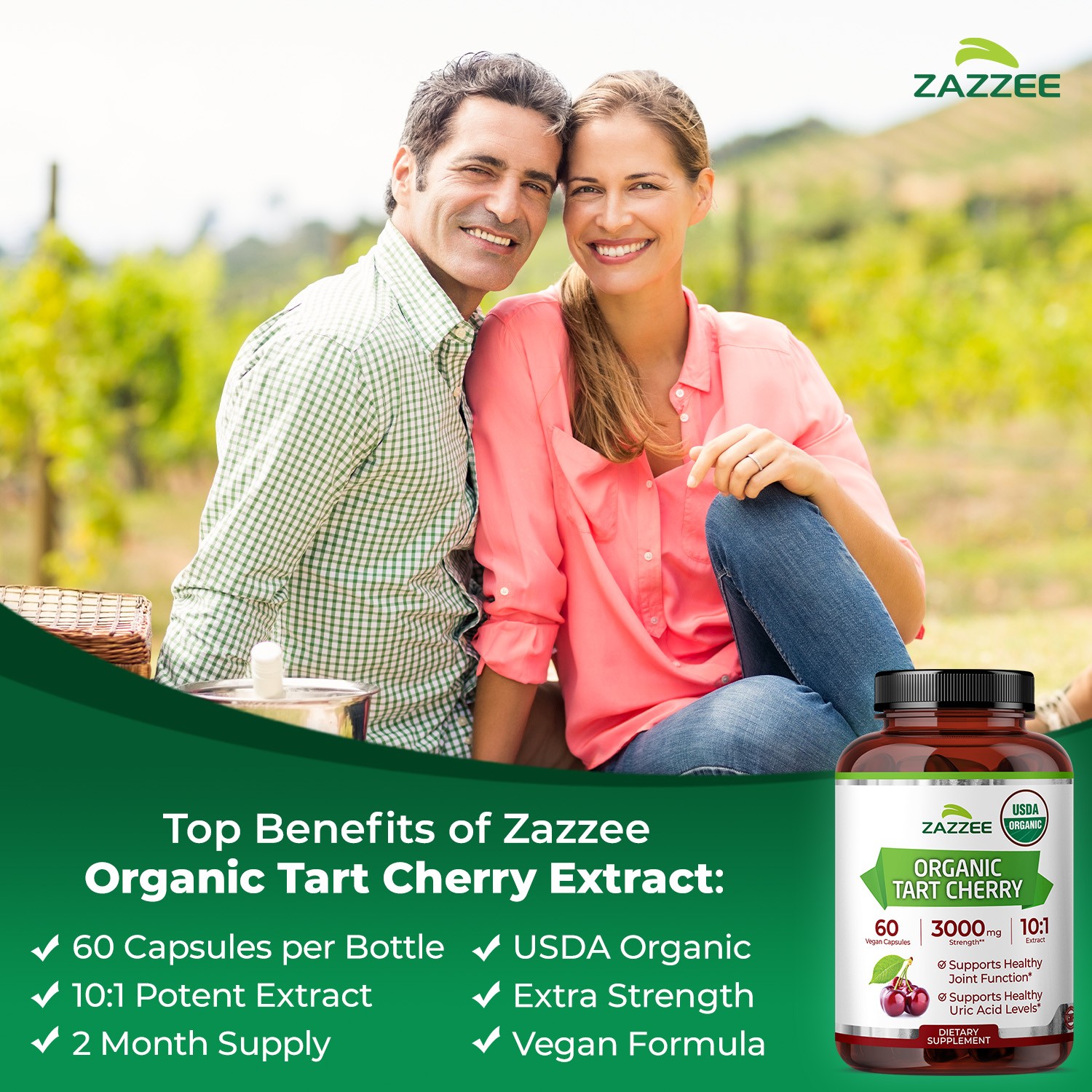 Zazzee USDA Organic Tart Cherry 10:1 Extract, 60 Vegan Capsules, 2 Month Supply