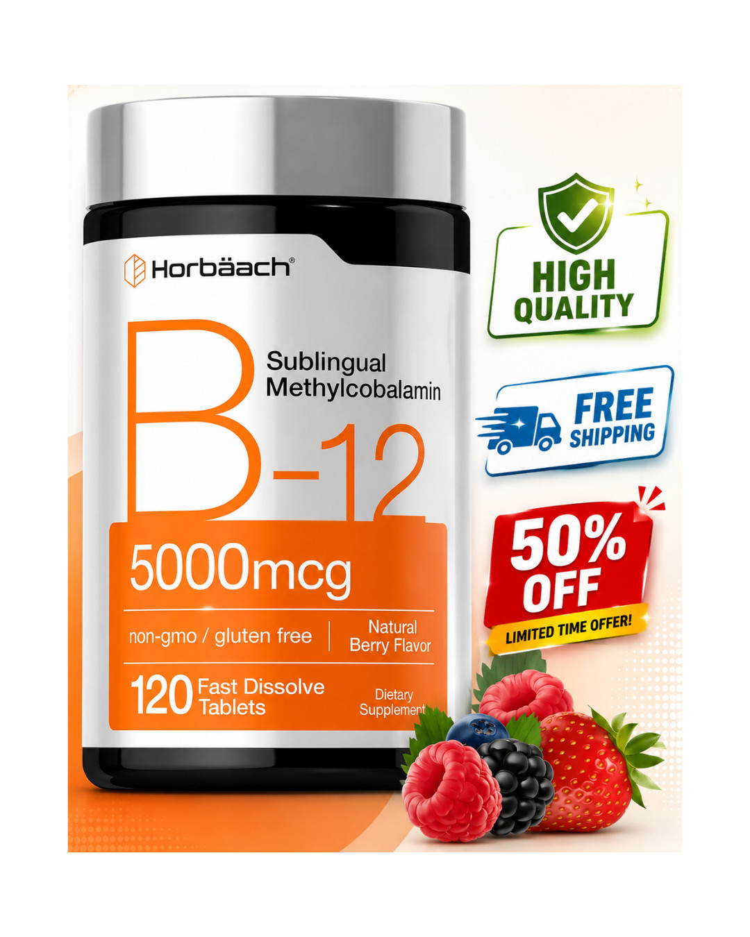 B12 Sublingual Methylcobalamin | 5000mcg | 120 Dissolvable Tablets | by Horbaach