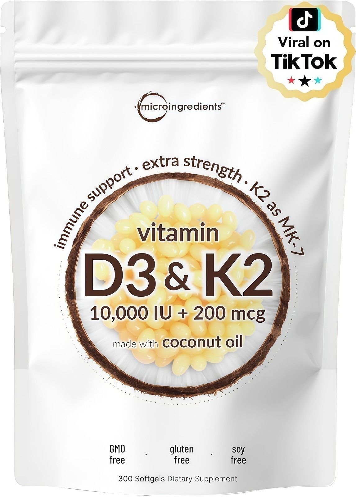 Vitamin D3 10000 iu Plus K2 (MK-7) 200 mcg, 300 Virgin Coconut Oil Softgels NEW