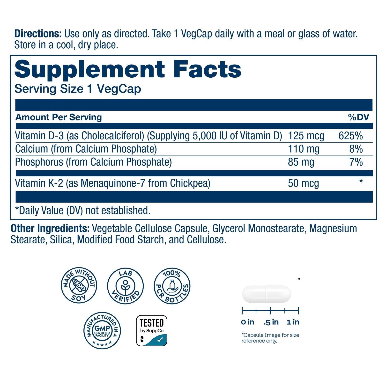 Vitamin D3 K2 Capsules 5000 IU | Bone & Immune Support, 60 VegCaps, Soy-Free