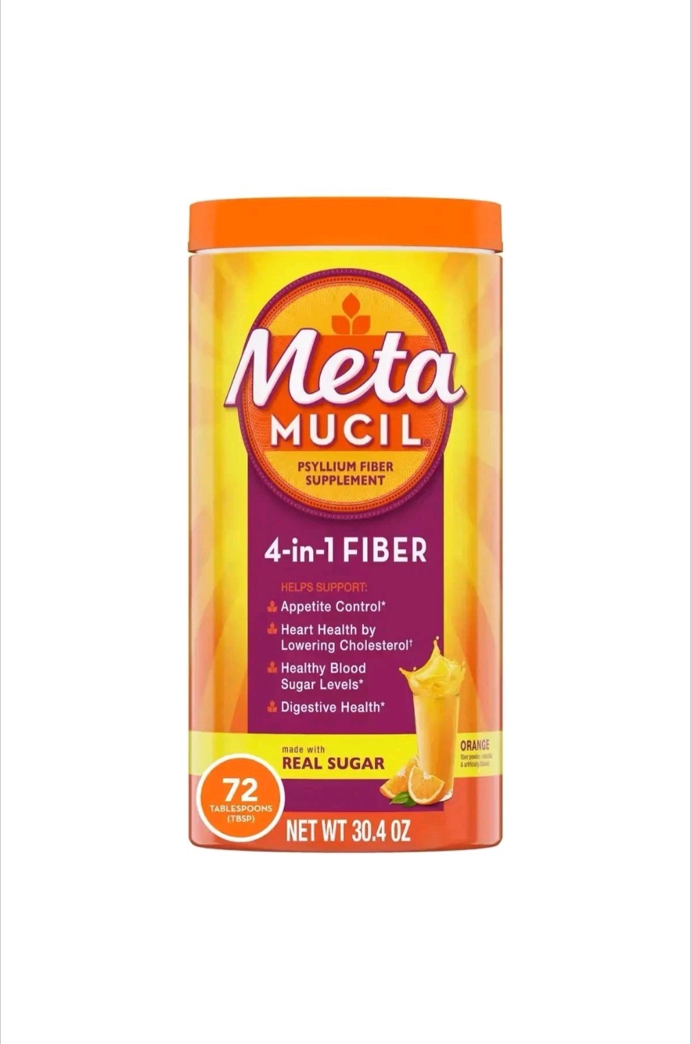 Metamucil Psyllium Fiber Supplement Orange 30.4 oz Jumbo Big Real Sugar 2/29