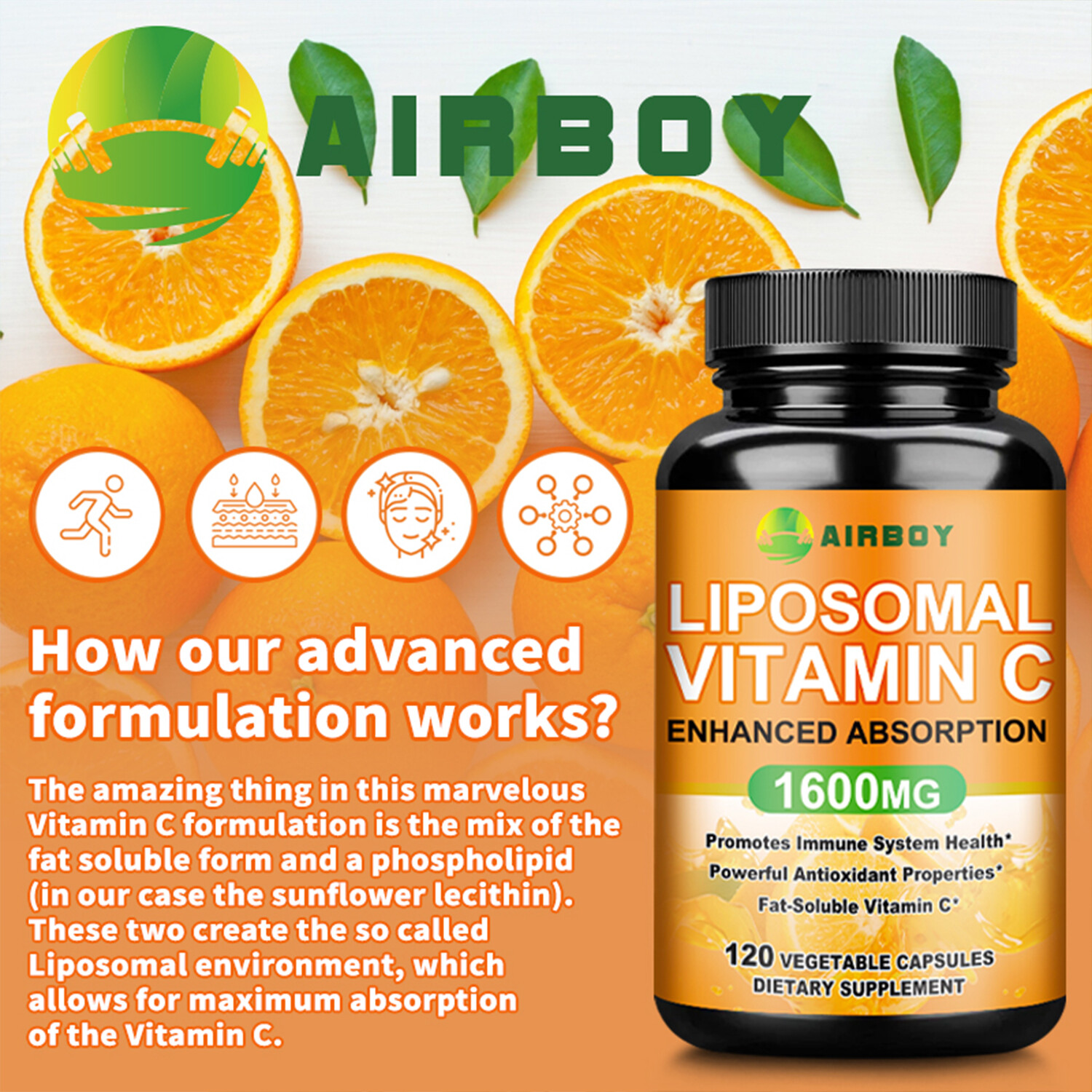 120pcs Liposomal Vitamin C 1600mg – High Absorption, Fat Soluble Vit Supplements