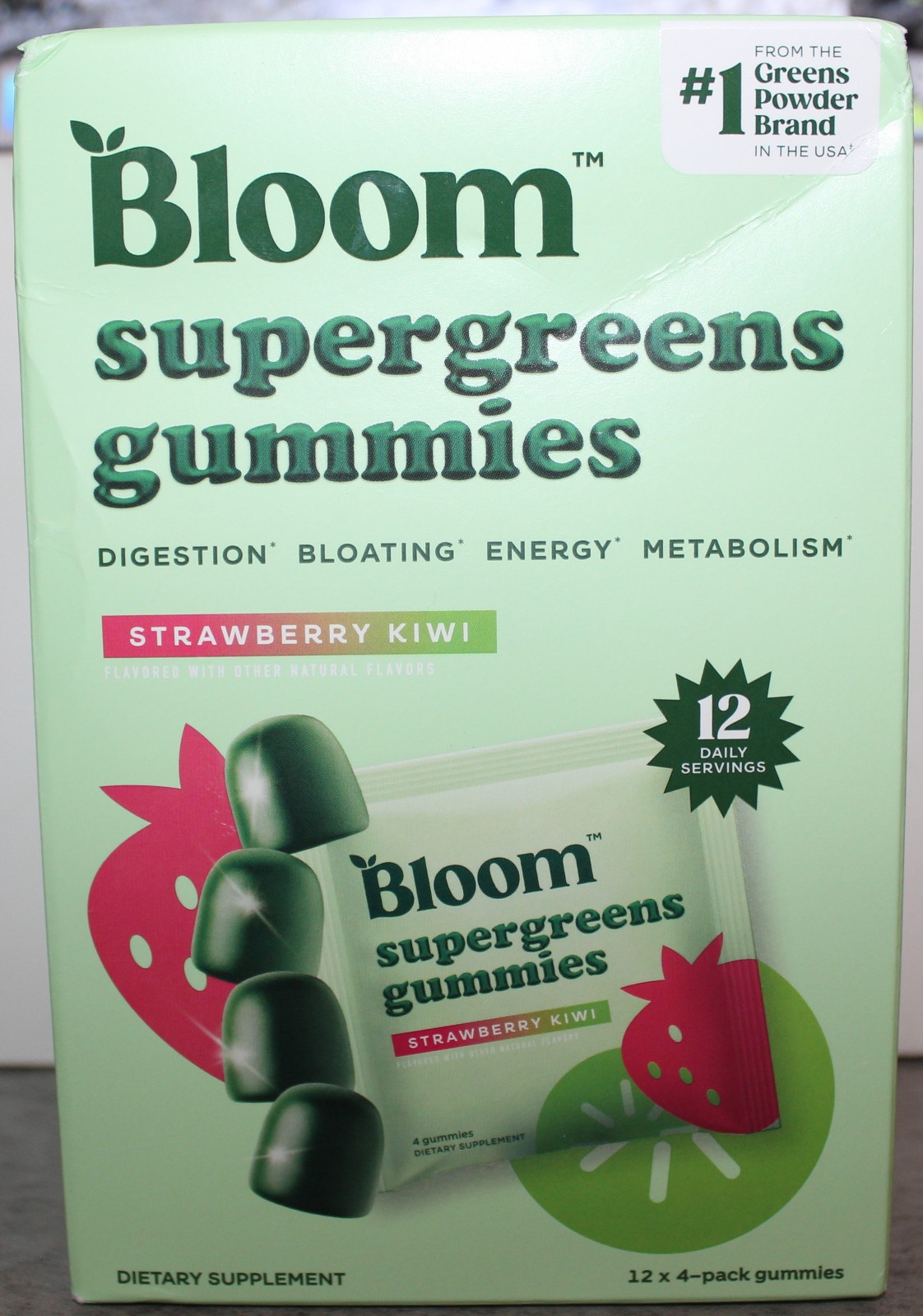 BLOOM SUPERGREENS GUMMIES 12 PACKS + 3 EXTRA SEALED ~STRAWBERRY KIWI EXP 03/27~