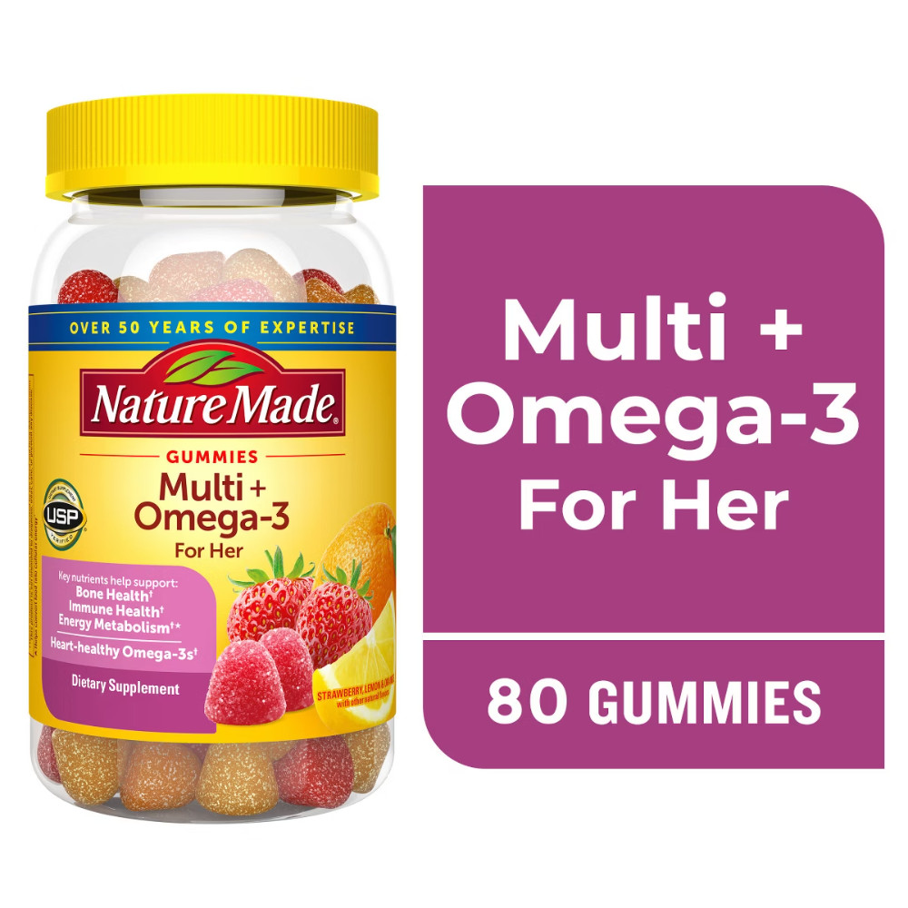 Nature Made Multi for Her + Omega-3 Gummies – Lemon, Orange & Strawberry