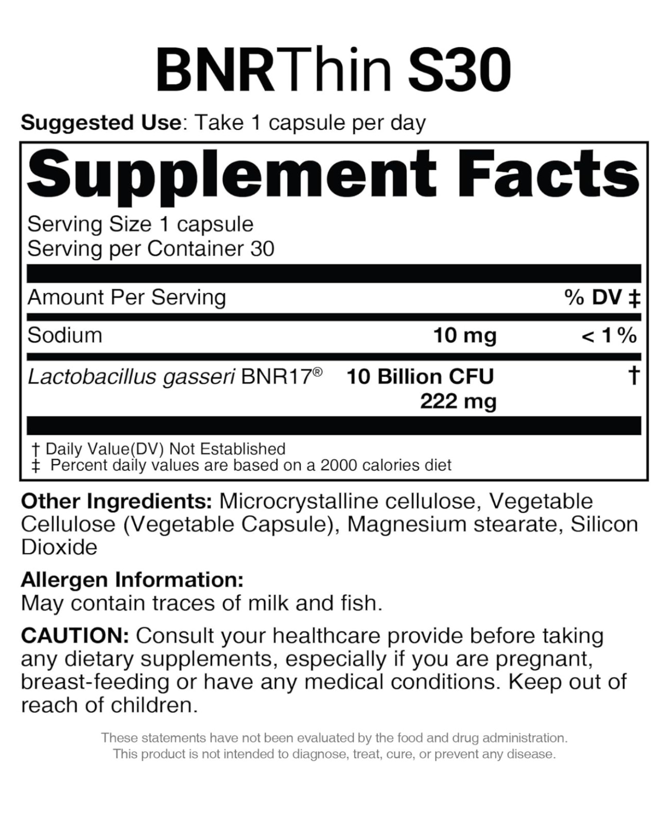 BNRThin S30, Lactobacillus Gasseri BNR17, 10 Billion CFU Guaranteed, 30Capsules