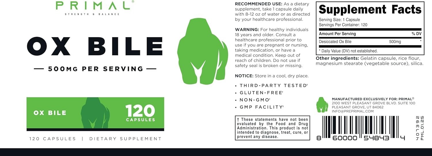 Ox Bile 120 Capsules, 500 MG per Serving – Gluten-Free, Non-GMO, Third-Party …