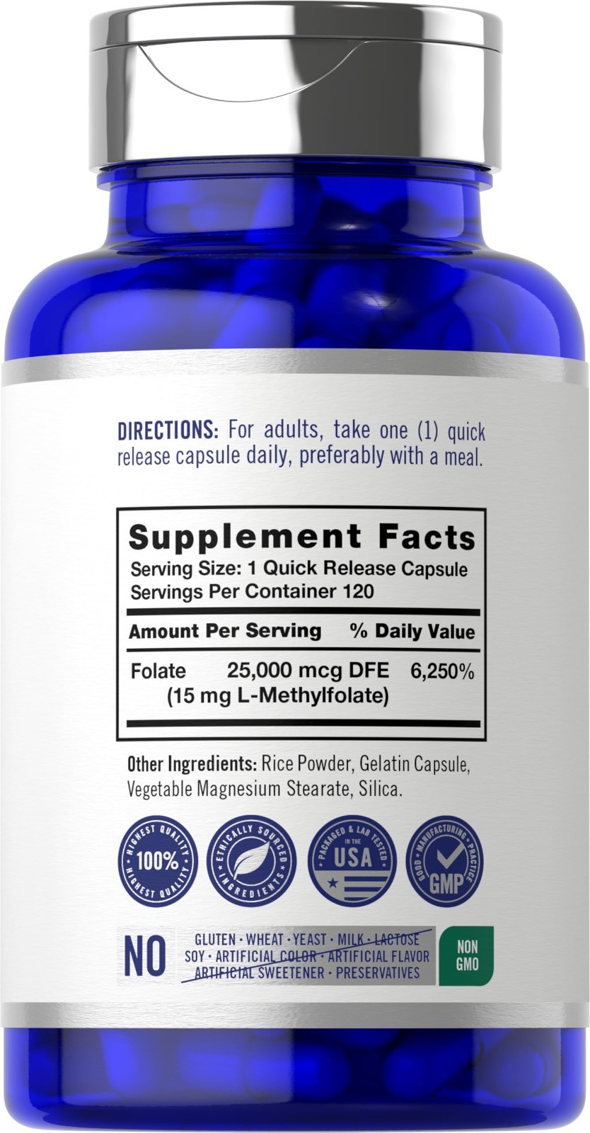 15mg Methylfolate Capsules | 120 Count | Non-GMO, Gluten Free | Max Potency Supp
