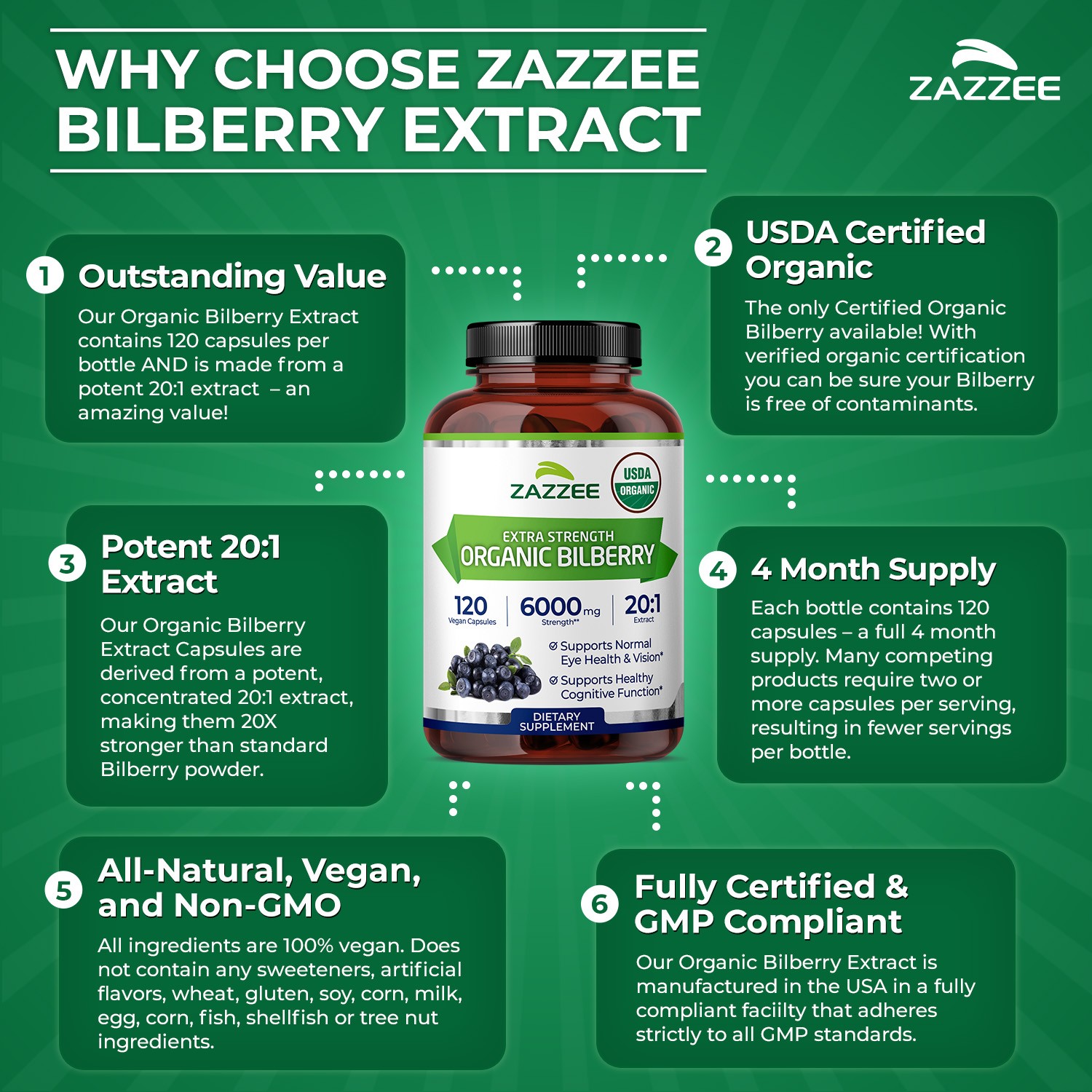 Zazzee USDA Organic Bilberry 20:1 Extract, 6000 mg Strength, 120 Vegan Capsules